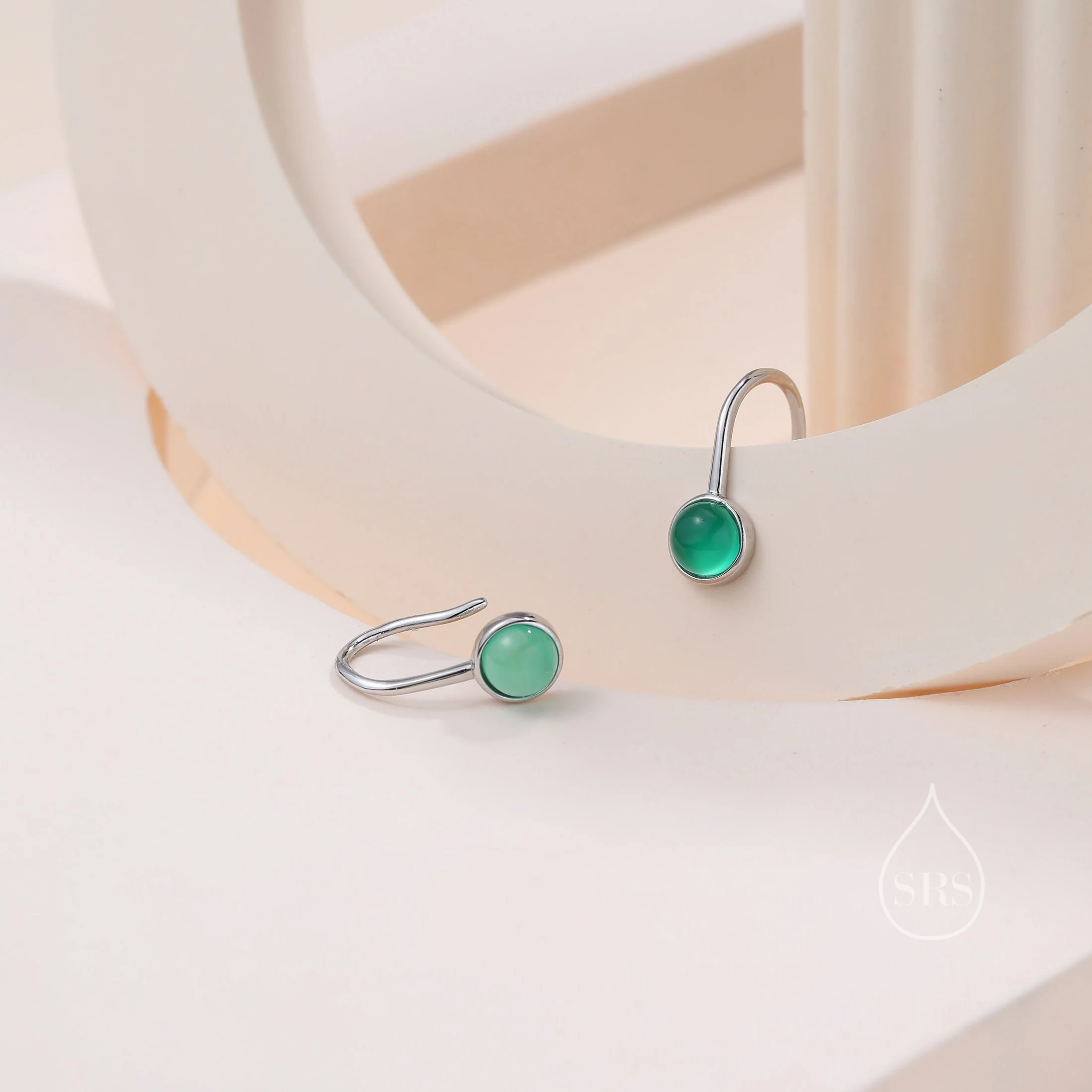 Genuine Green Onyx Drop Earrings in Sterling Silver, Natural Green Chalcedony Round Hook Earrings, Delicate Green Onyx Earrings - Image 2