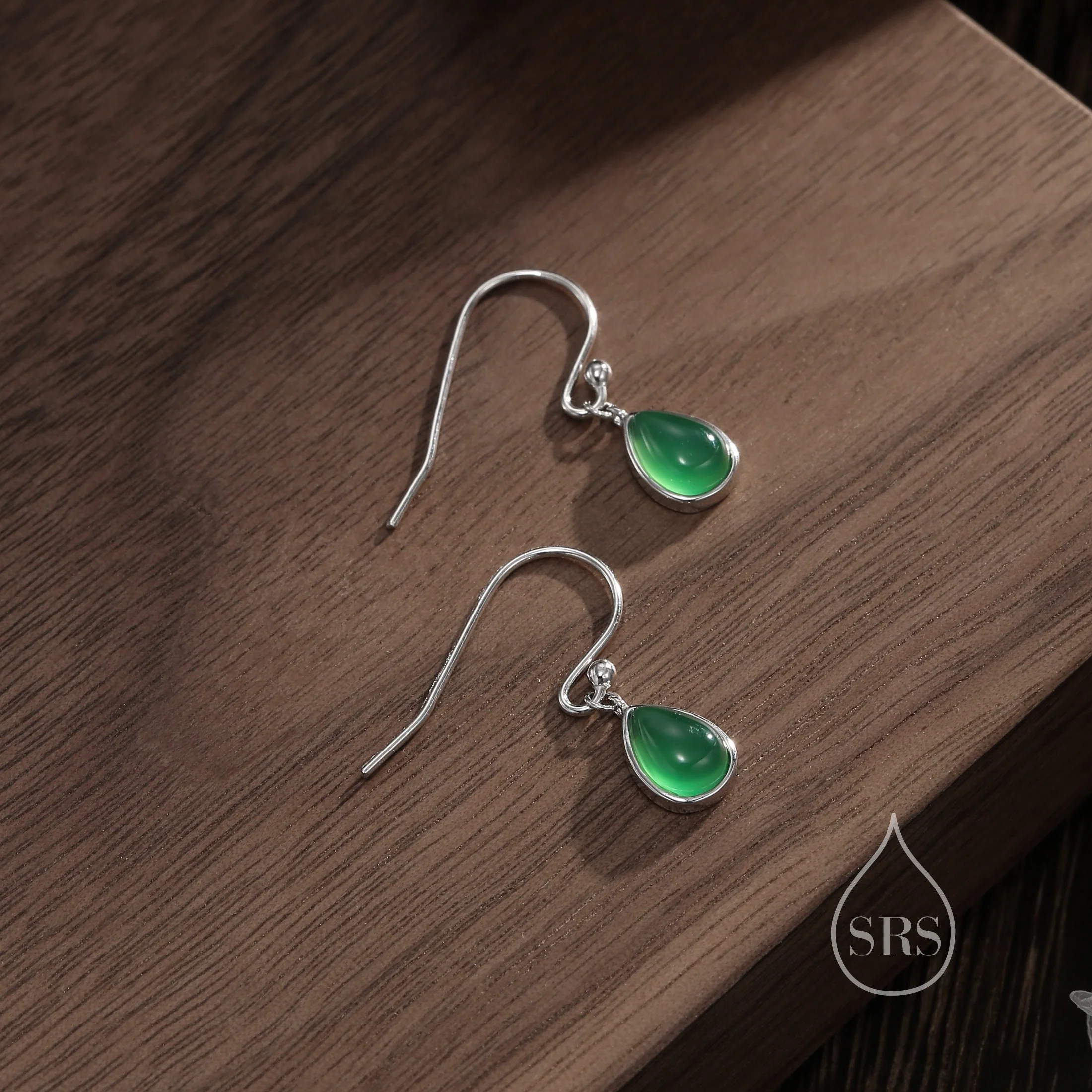 Genuine Green Onyx Droplet Drop Hook Earrings in Sterling Silver, Delicate Natural Green Onyx Earrings, Pear Shape Green Chalcedony Earrings - Image 2