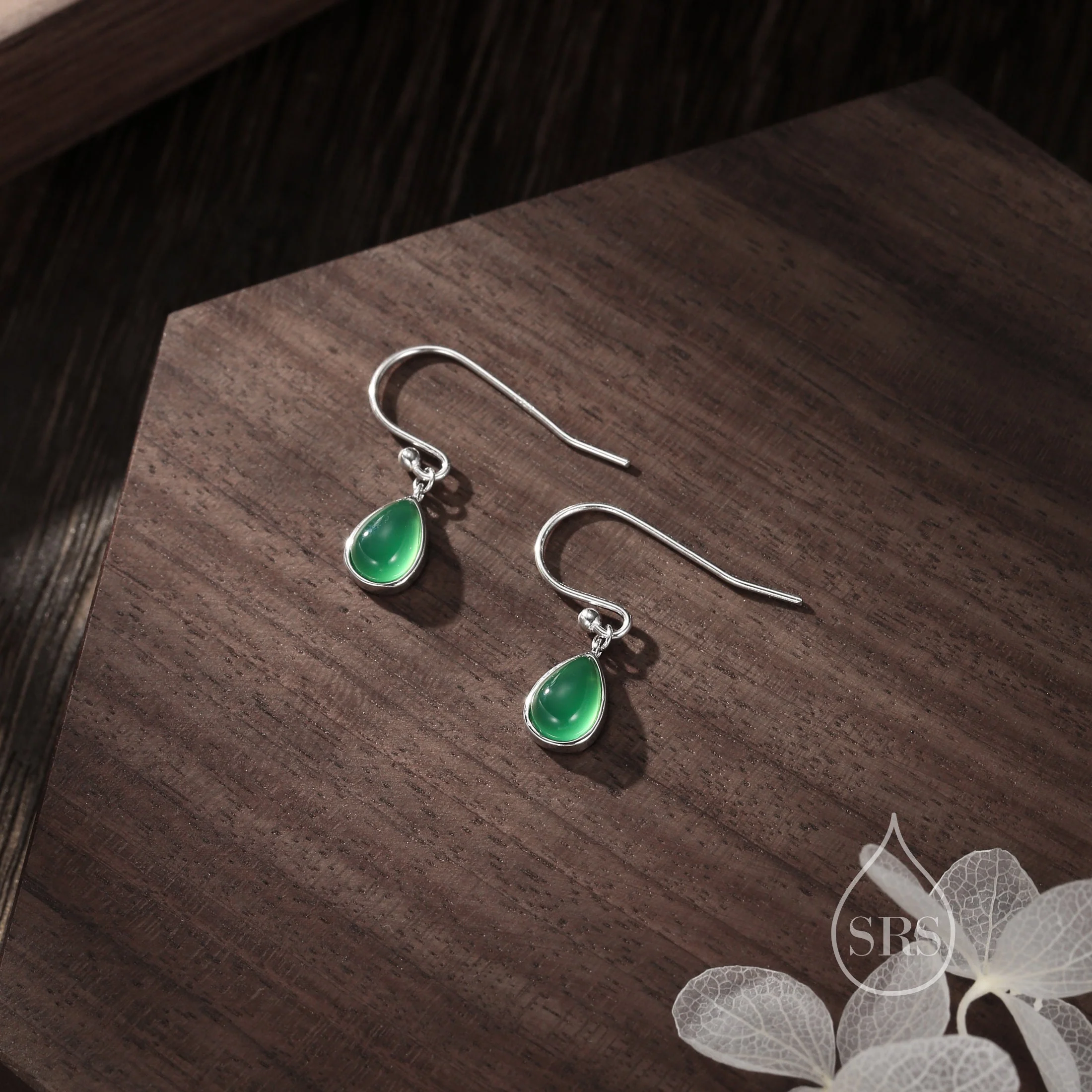 Genuine Green Onyx Droplet Drop Hook Earrings in Sterling Silver, Delicate Natural Green Onyx Earrings, Pear Shape Green Chalcedony Earrings - Image 4