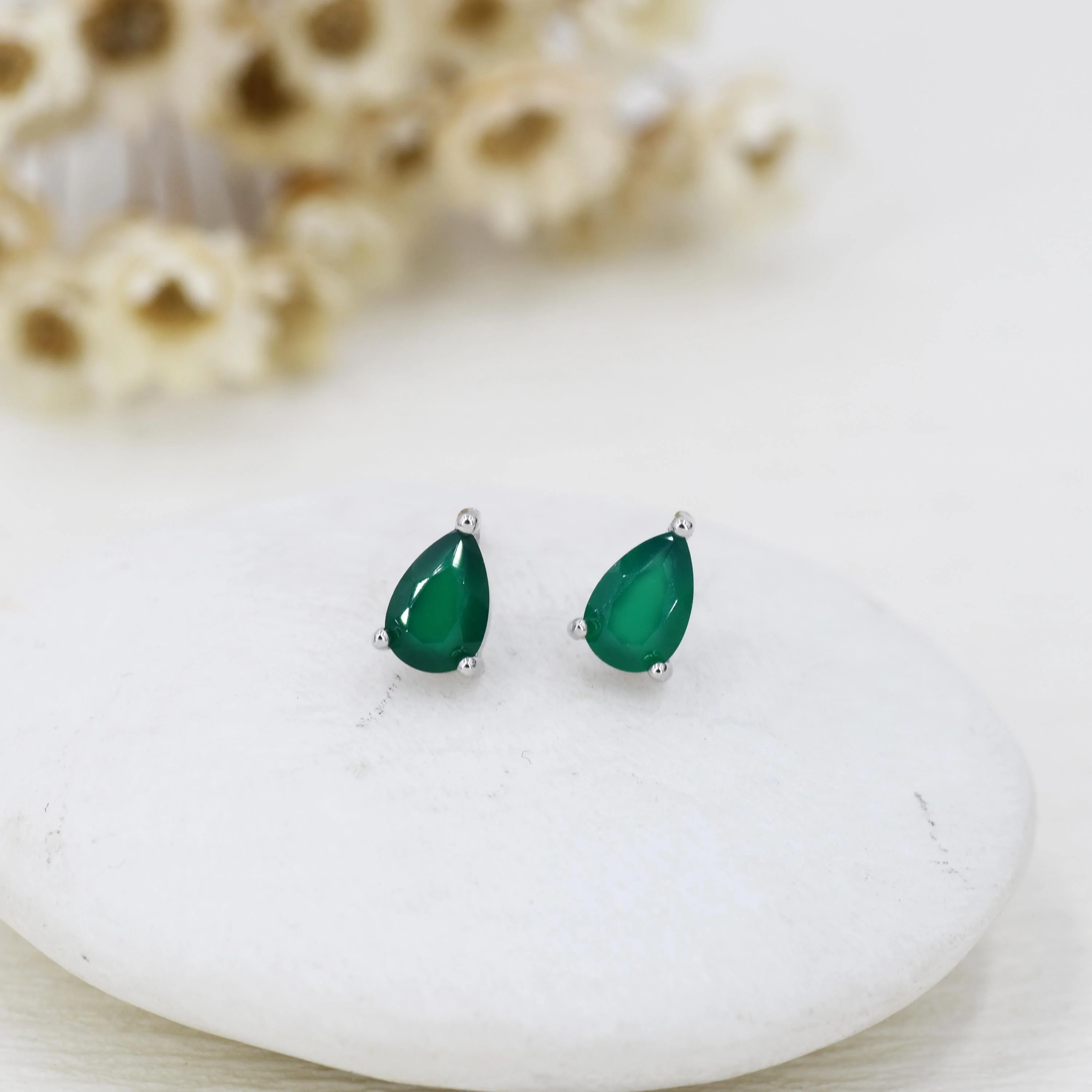 Genuine Green Onyx Droplet Stud Earrings in Sterling Silver, 4x6 mm Green Onyx Crystal Earrings, Natural Onyx Pear Cut Earrings - Image 4
