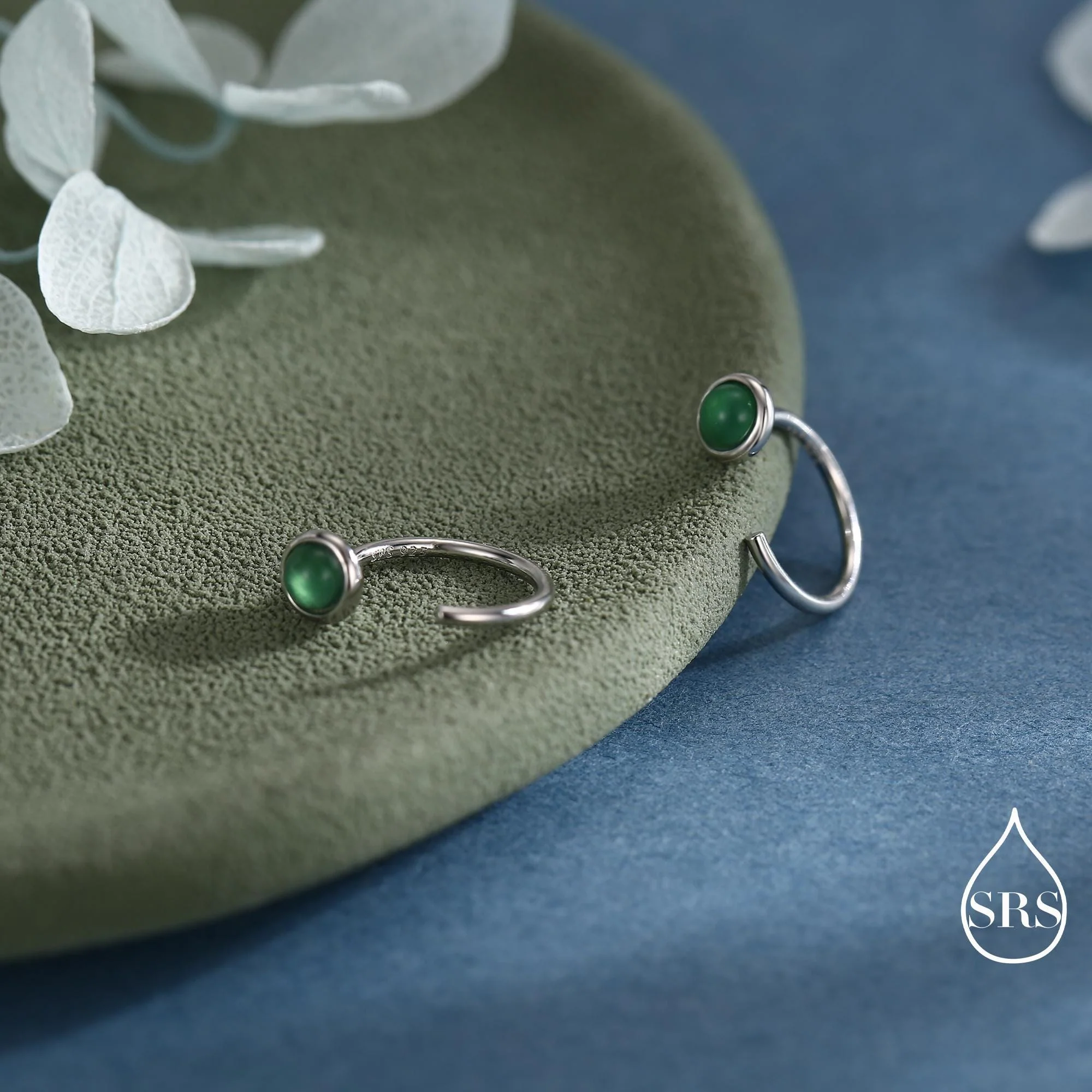 Genuine Green Onyx Huggie Hoop Earrings in Sterling Silver, 3mm Natural Green Onyx Open Hoops, Pull Through Threaders, Half Hoops, C Shape - Image 4