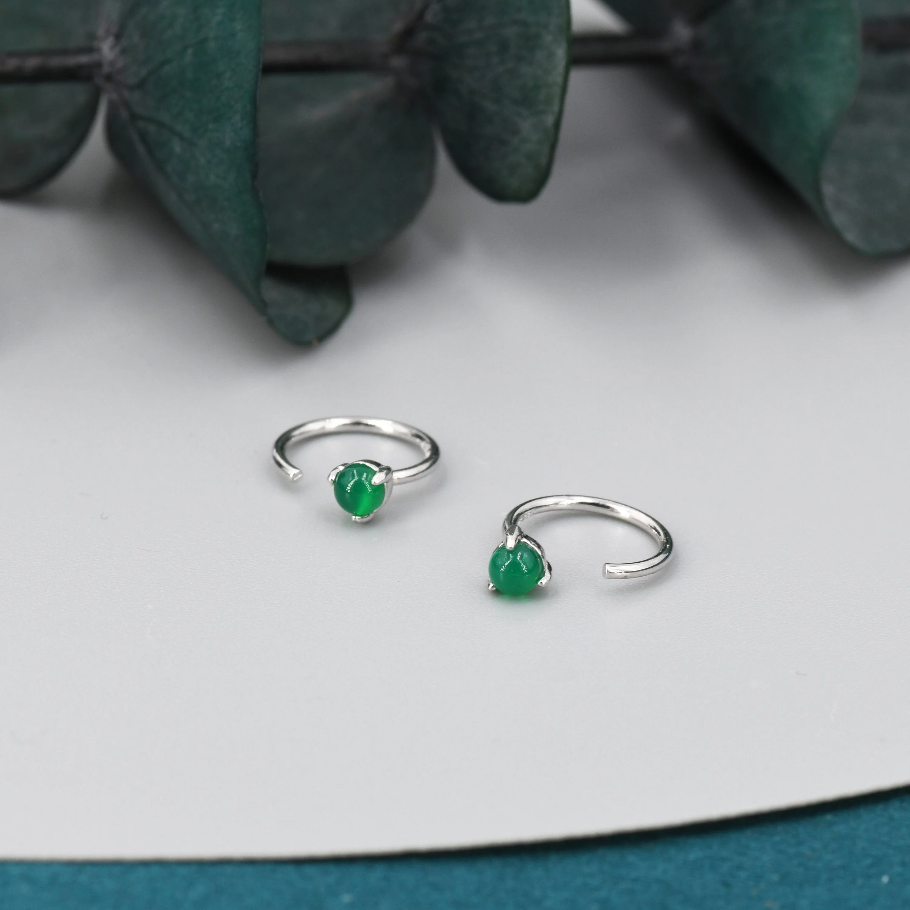 Genuine Green Onyx Huggie Hoop Earrings in Sterling Silver, 3mm Natural Green Onyx Open Hoops, Pull Through Threaders, Half Hoops, C Shape - Image 2