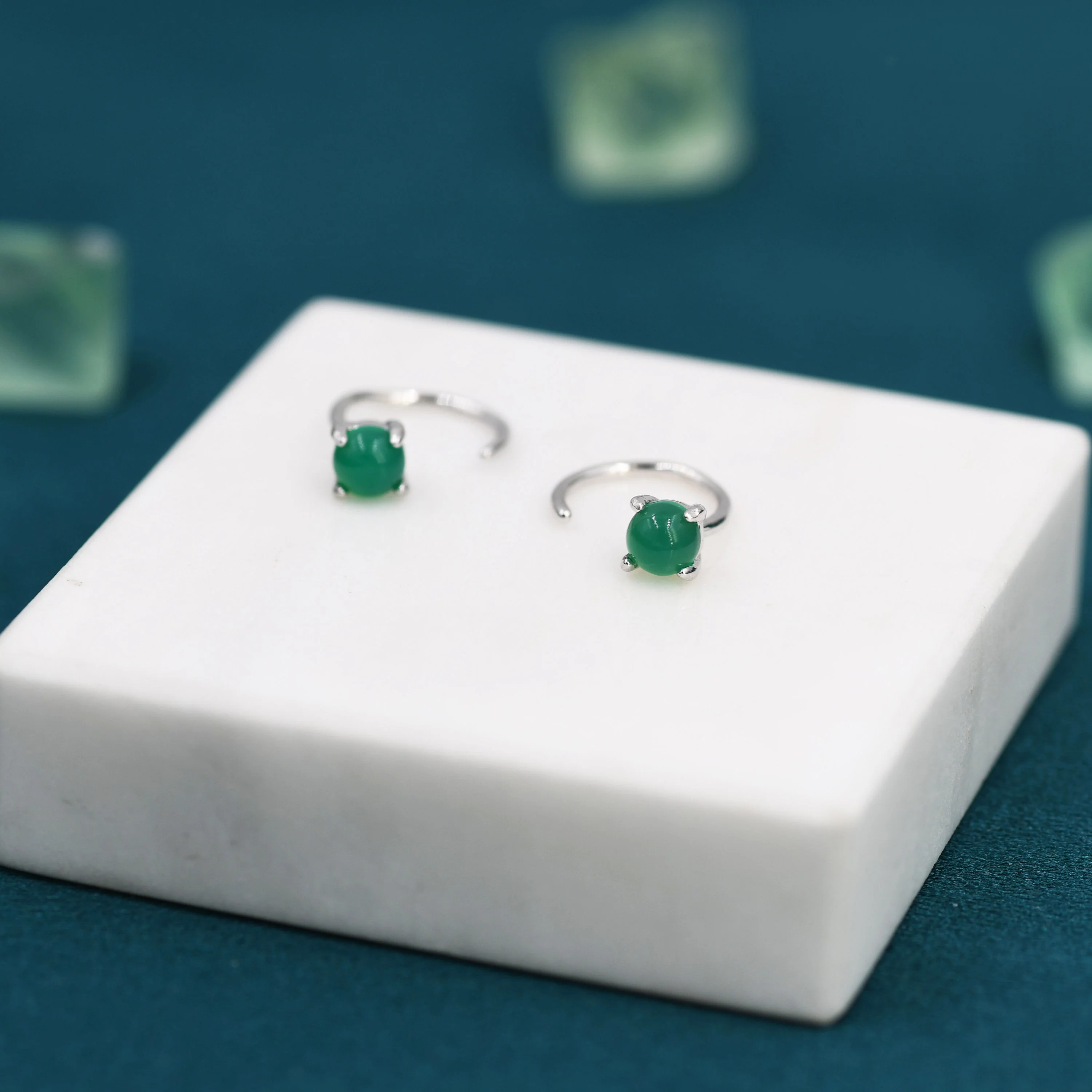Genuine Green Onyx Huggie Hoop Earrings in Sterling Silver, 4mm Natural Green Onyx Open Hoops, Pull Through Threaders, Half Hoops, C Shape - Image 6