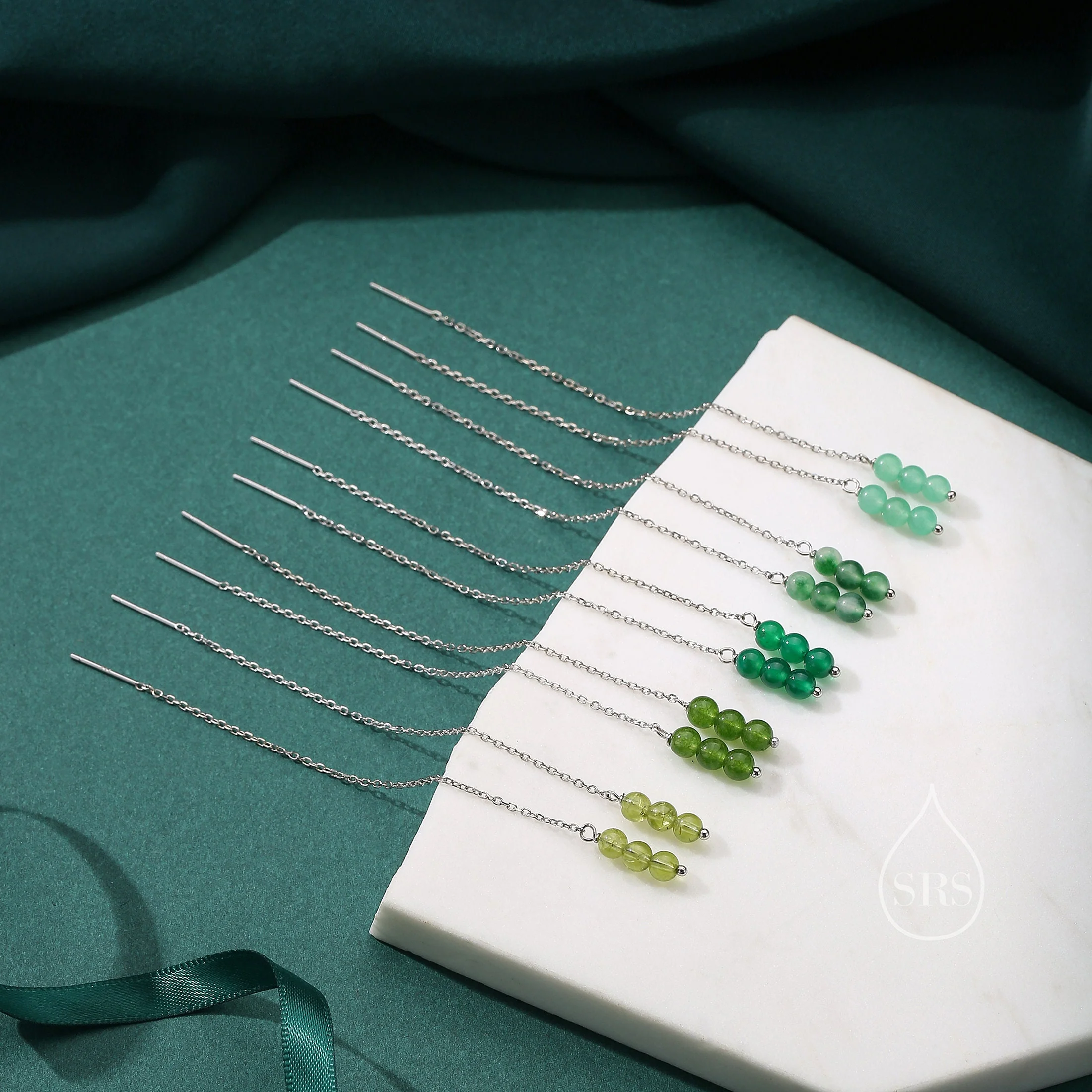 Genuine Green Onyx Threaders in Sterling Silver, Three Beads Threader Earrings, Ear Jacket, Green Onyx Earrings - Image 7
