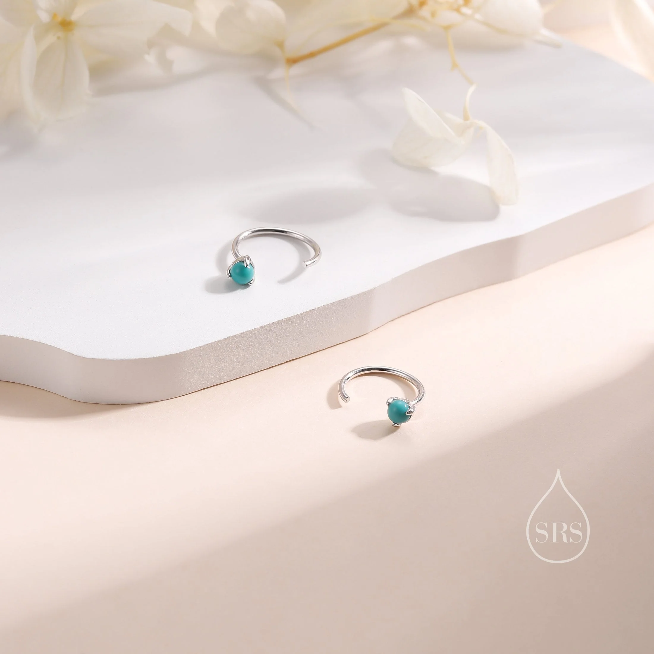 Genuine Green Turquoise Threader Hoop Earrings in Sterling Silver, Silver or Gold, Green Turquoise Turquoise Open Hoop Pull Through Earrings - Image 3
