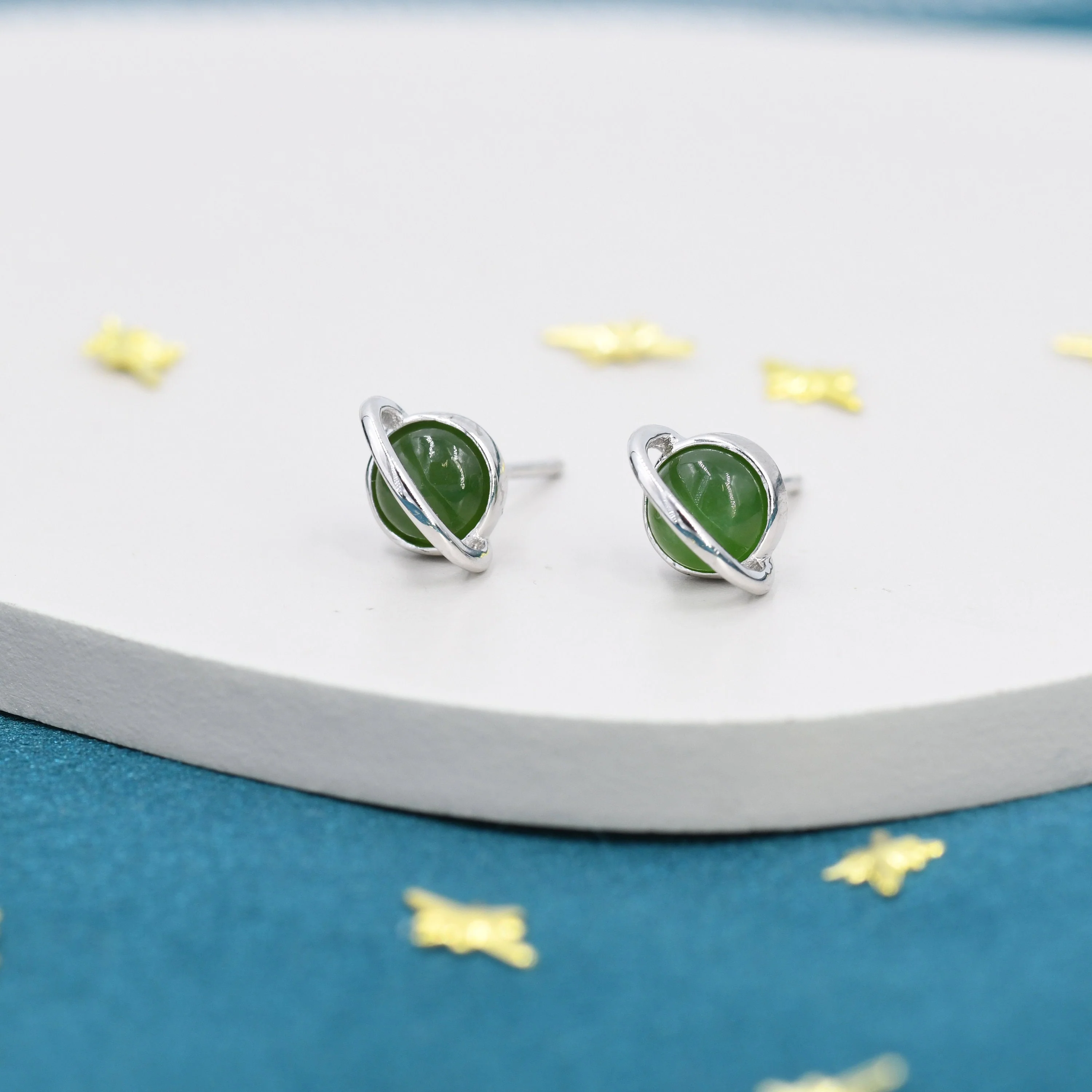 Genuine Jade Crystal Planet Stud Earrings in Sterling Silver, Green Jade Planet Earrings, Jade Saturn Earrings - Image 2