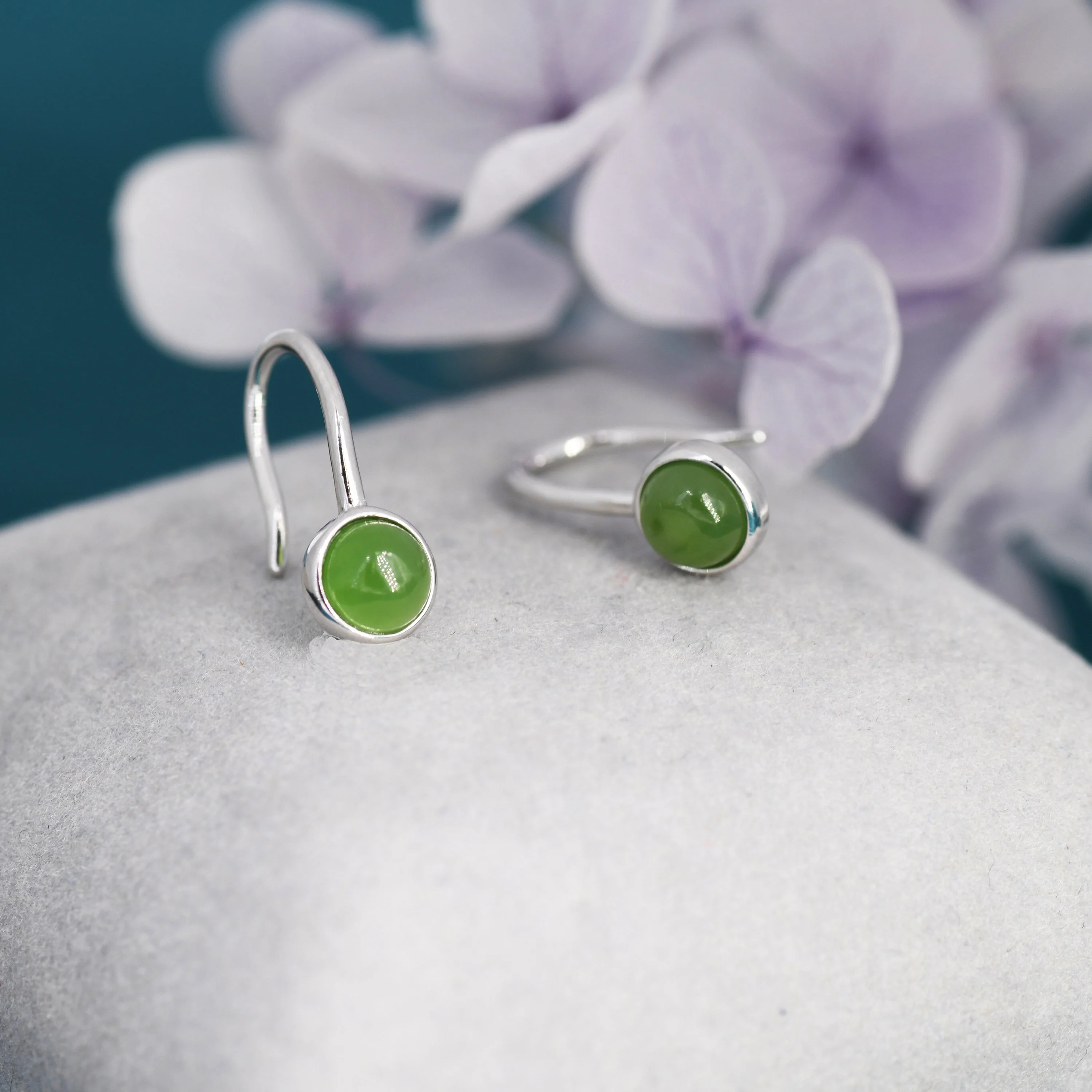 Genuine Jade Drop Earrings in Sterling Silver, Natural Jade Round Hook Earrings, Delicate Jade Earrings, Real Jade Earrings - Image 3