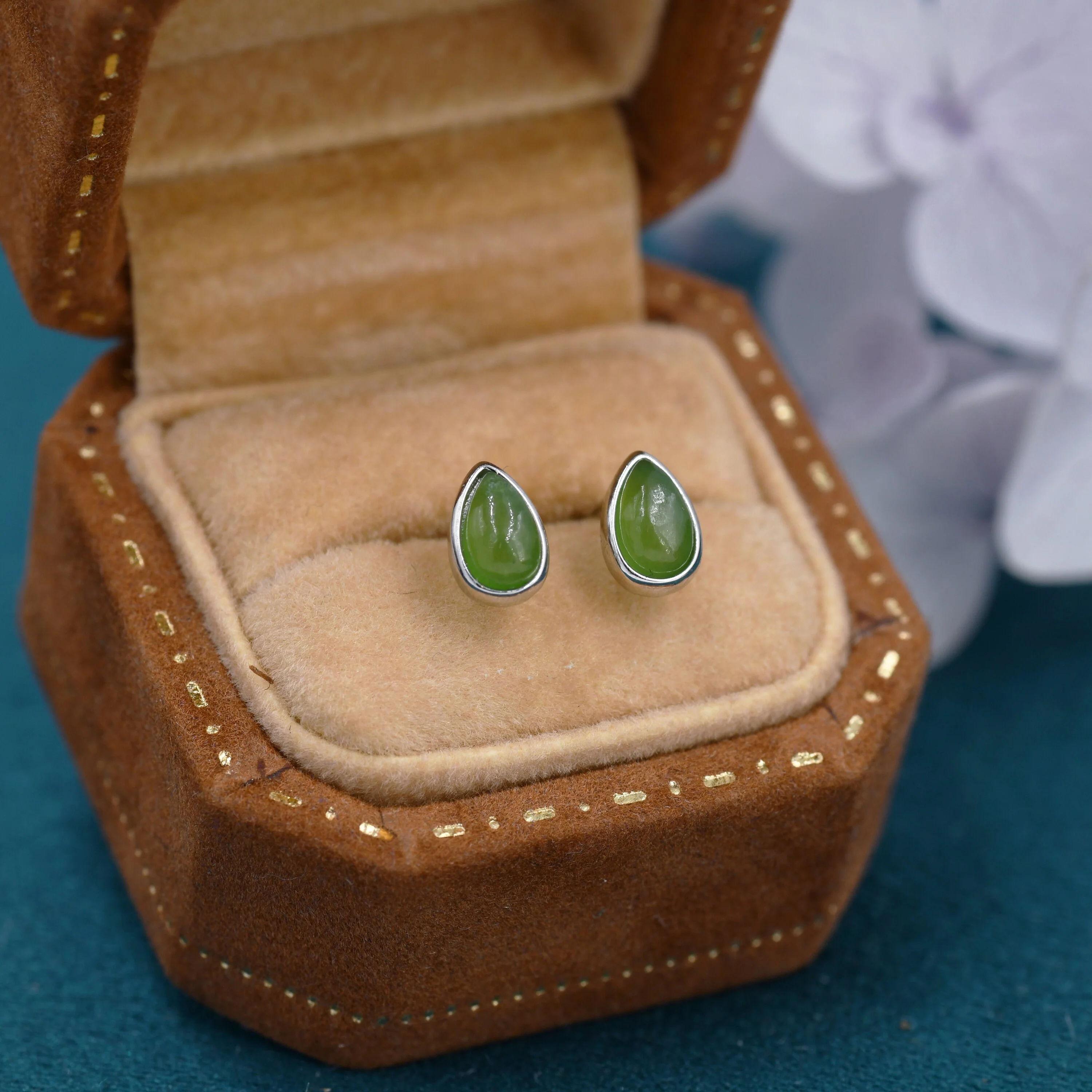 Genuine Jade Pear Stud Earrings in Sterling Silver, Jade Bezel Stud Earrings, Tiny Jade Droplet Earrings - Image 5