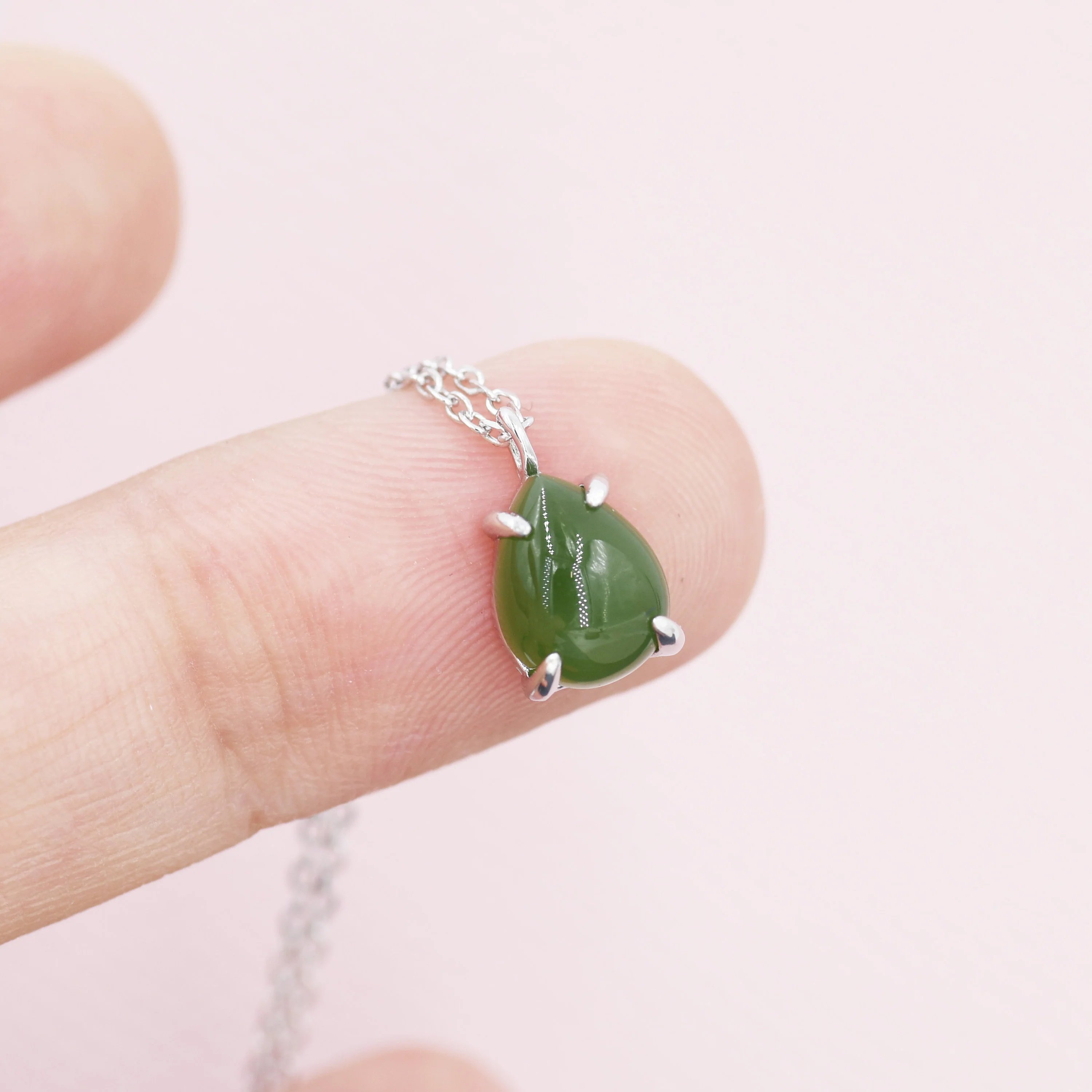 Genuine Jade Stone Pear Necklace in Sterling Silver, Droplet Cabochon Natural Jade Stone Necklace - Image 3