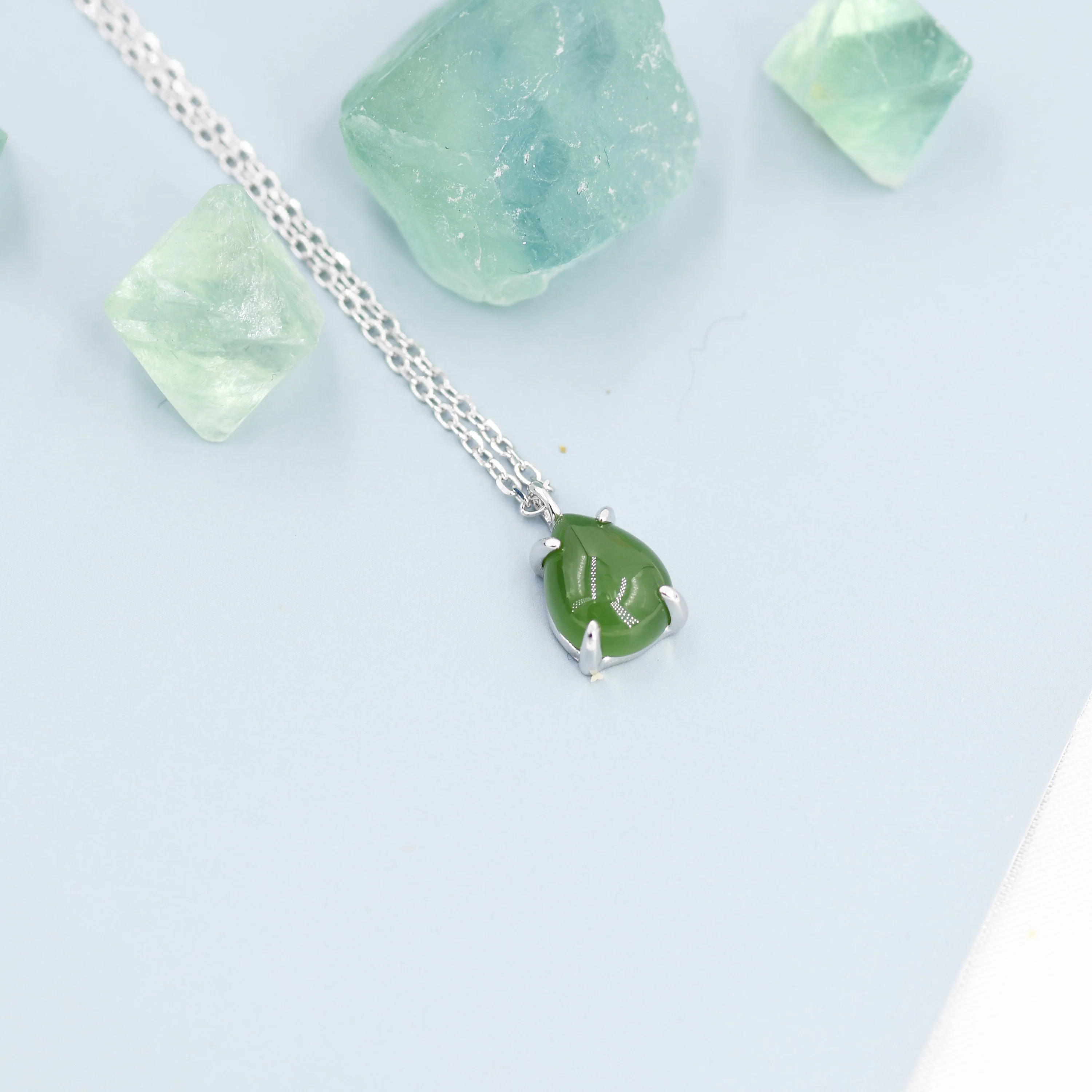 Genuine Jade Stone Pear Necklace in Sterling Silver, Droplet Cabochon Natural Jade Stone Necklace - Image 4