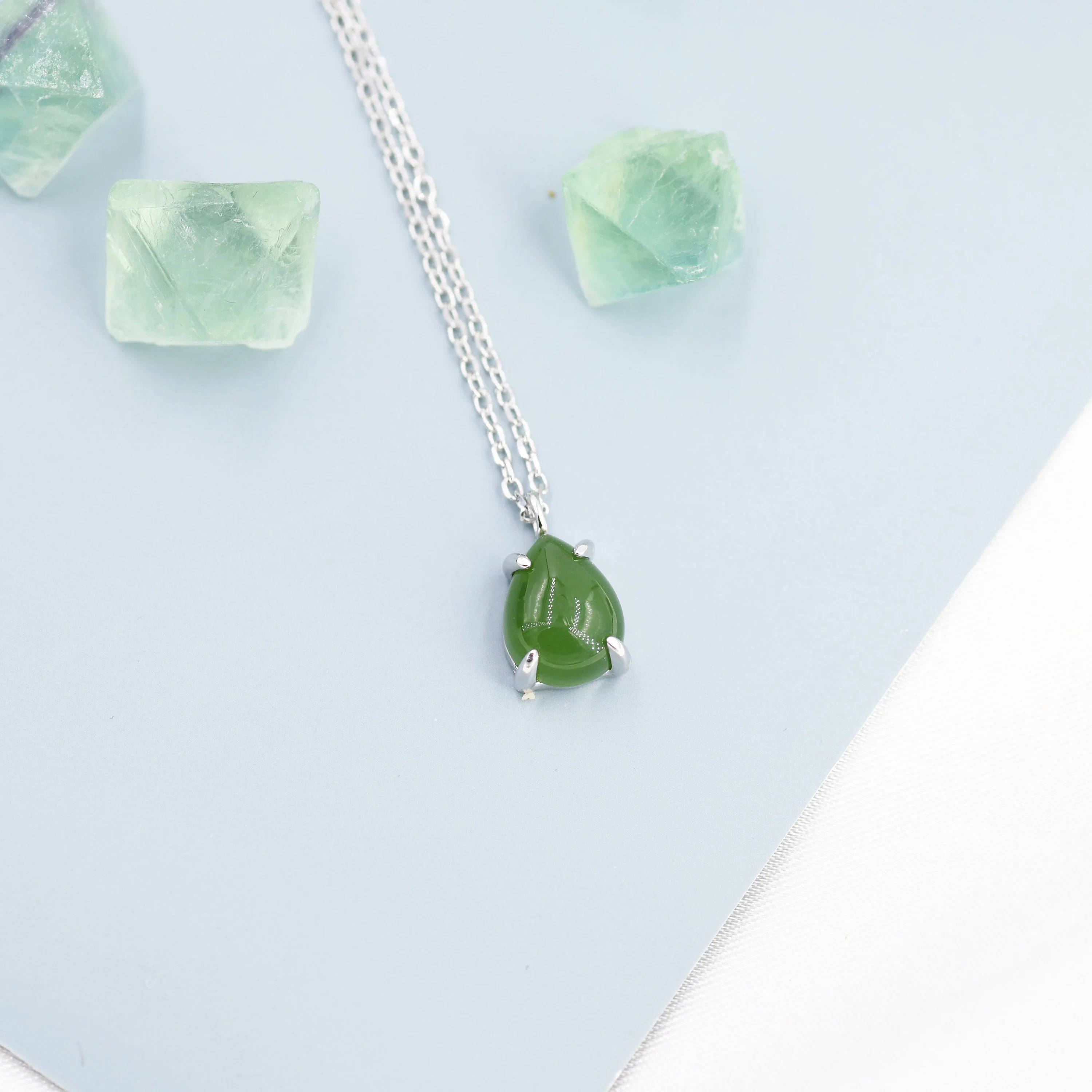 Genuine Jade Stone Pear Necklace in Sterling Silver, Droplet Cabochon Natural Jade Stone Necklace - Image 5