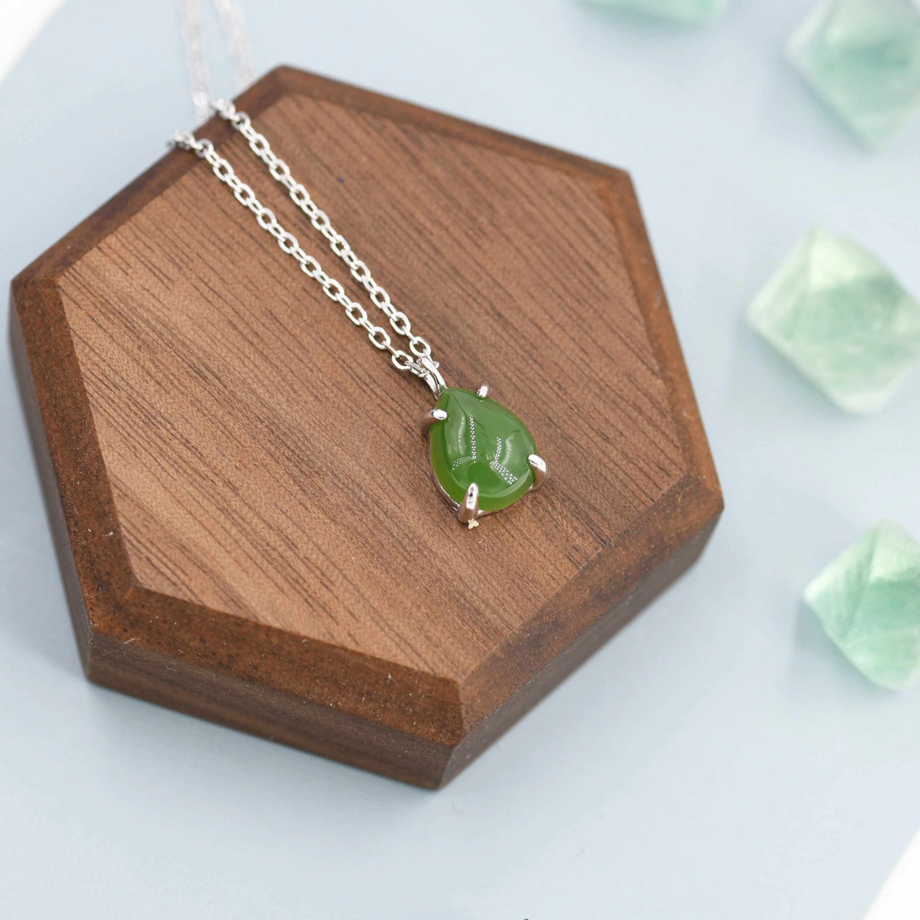 Genuine Jade Stone Pear Necklace in Sterling Silver, Droplet Cabochon Natural Jade Stone Necklace - Image 6