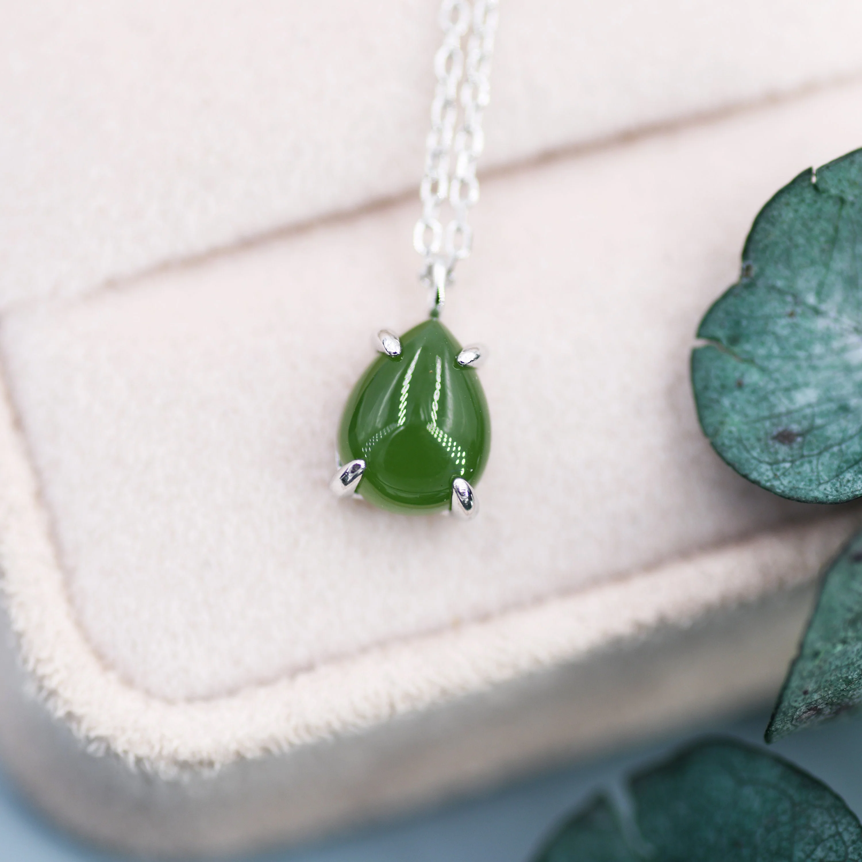 Genuine Jade Stone Pear Necklace in Sterling Silver, Droplet Cabochon Natural Jade Stone Necklace - Image 7