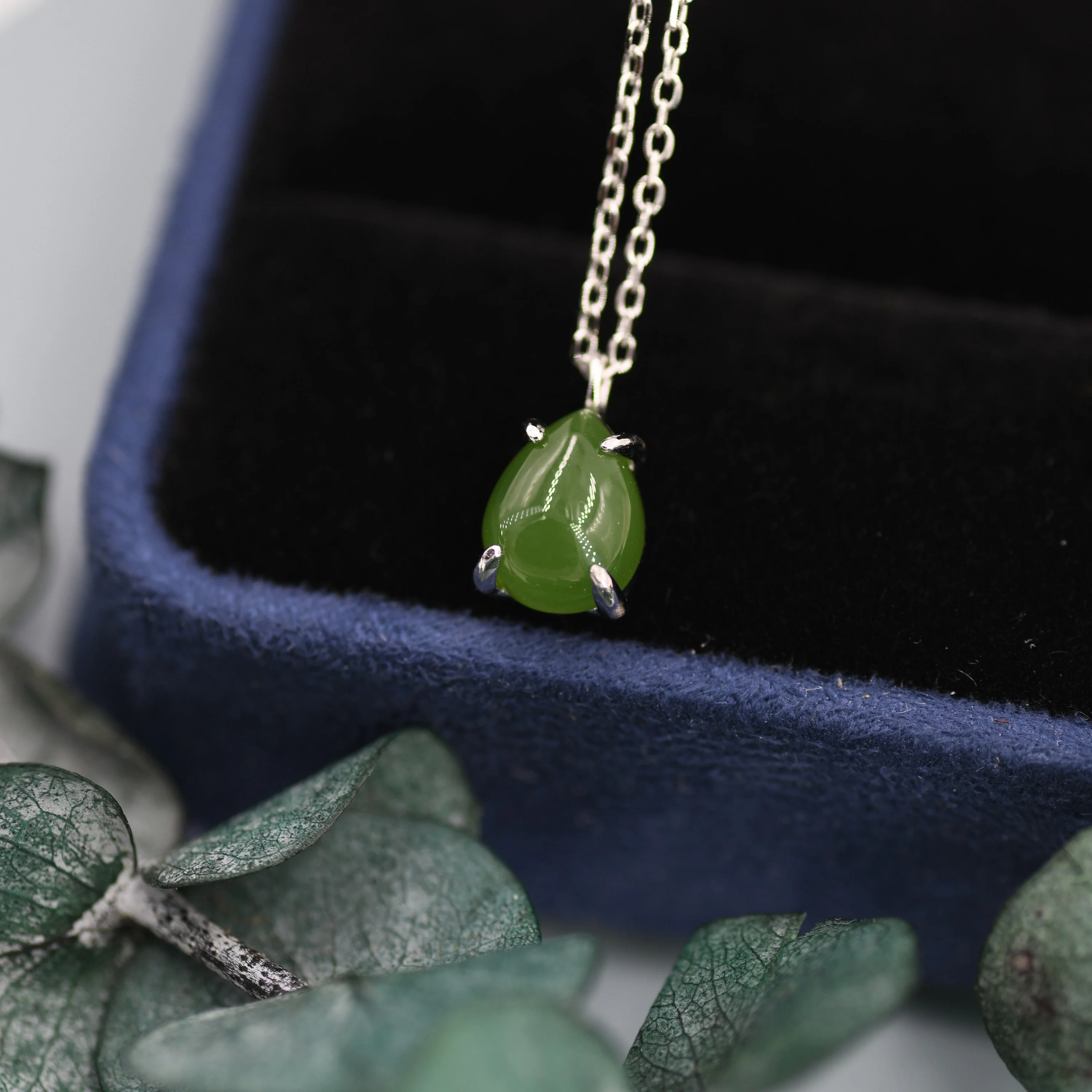 Genuine Jade Stone Pear Necklace in Sterling Silver, Droplet Cabochon Natural Jade Stone Necklace - Image 8