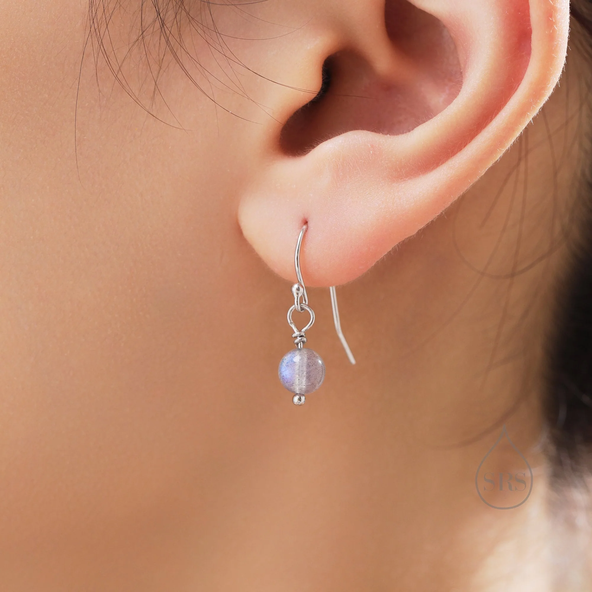 Genuine Labradorite Drop Hook Earrings in Sterling Silver, Silver or Gold, 6mm Labradorite Ball Earrings