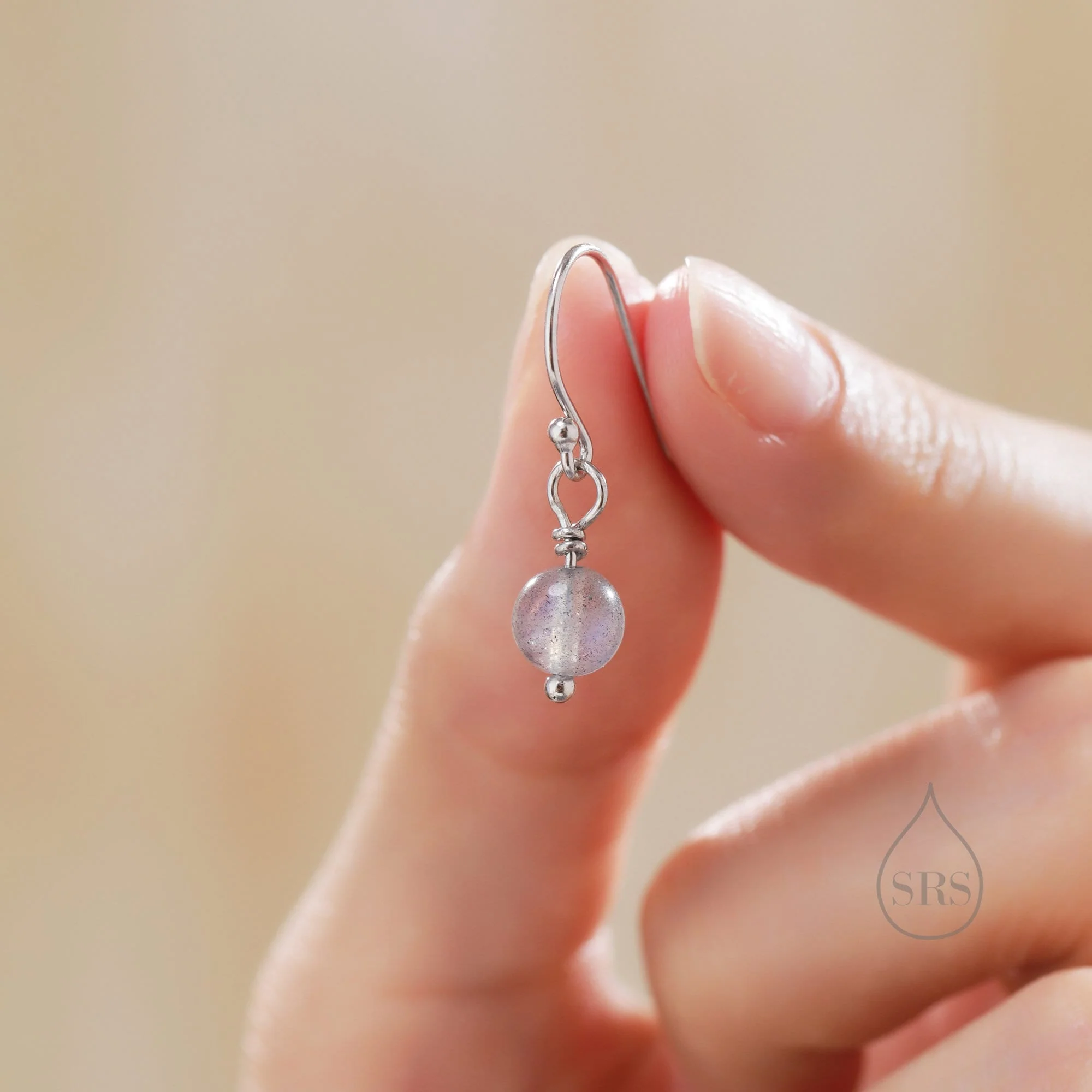 Genuine Labradorite Drop Hook Earrings in Sterling Silver, Silver or Gold, 6mm Labradorite Ball Earrings - Image 2