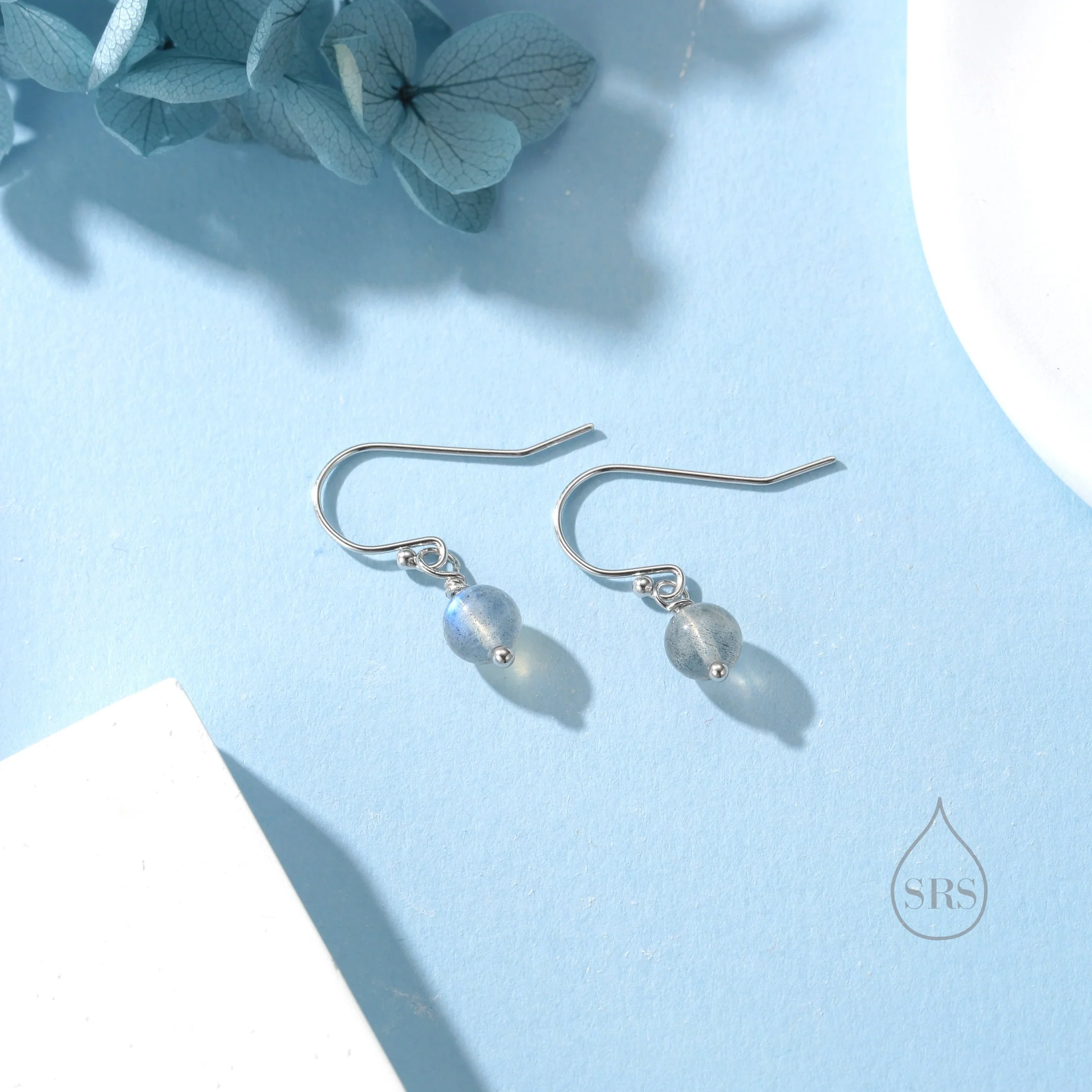 Genuine Labradorite Drop Hook Earrings in Sterling Silver, Silver or Gold, 6mm Labradorite Ball Earrings - Image 3