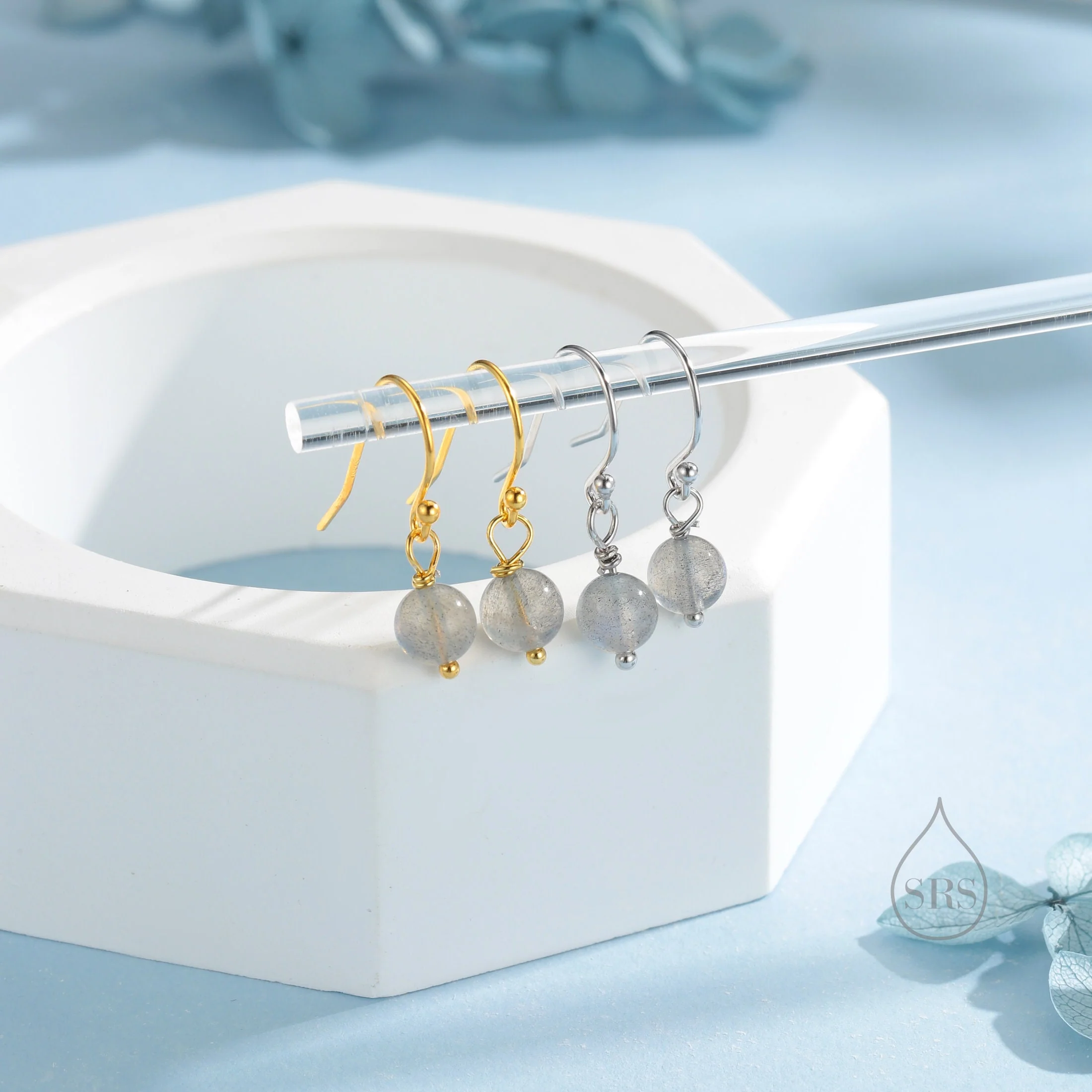 Genuine Labradorite Drop Hook Earrings in Sterling Silver, Silver or Gold, 6mm Labradorite Ball Earrings - Image 5