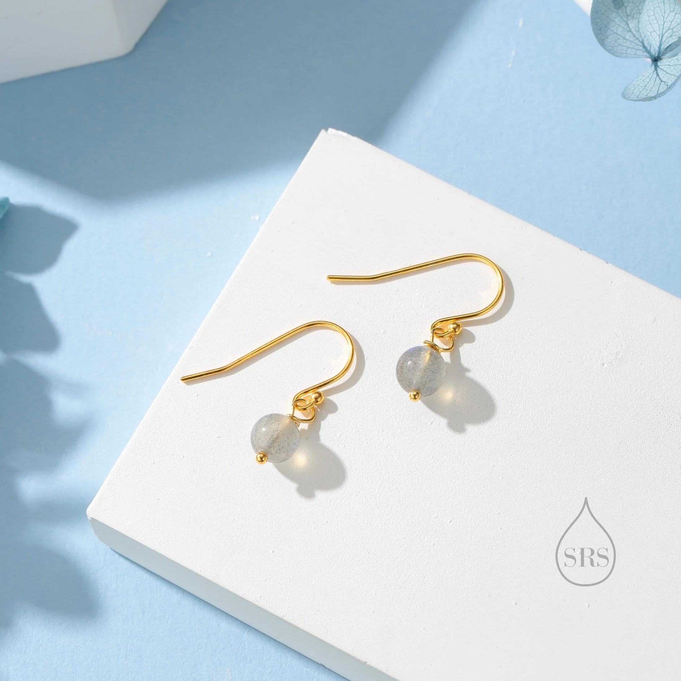 Genuine Labradorite Drop Hook Earrings in Sterling Silver, Silver or Gold, 6mm Labradorite Ball Earrings - Image 6