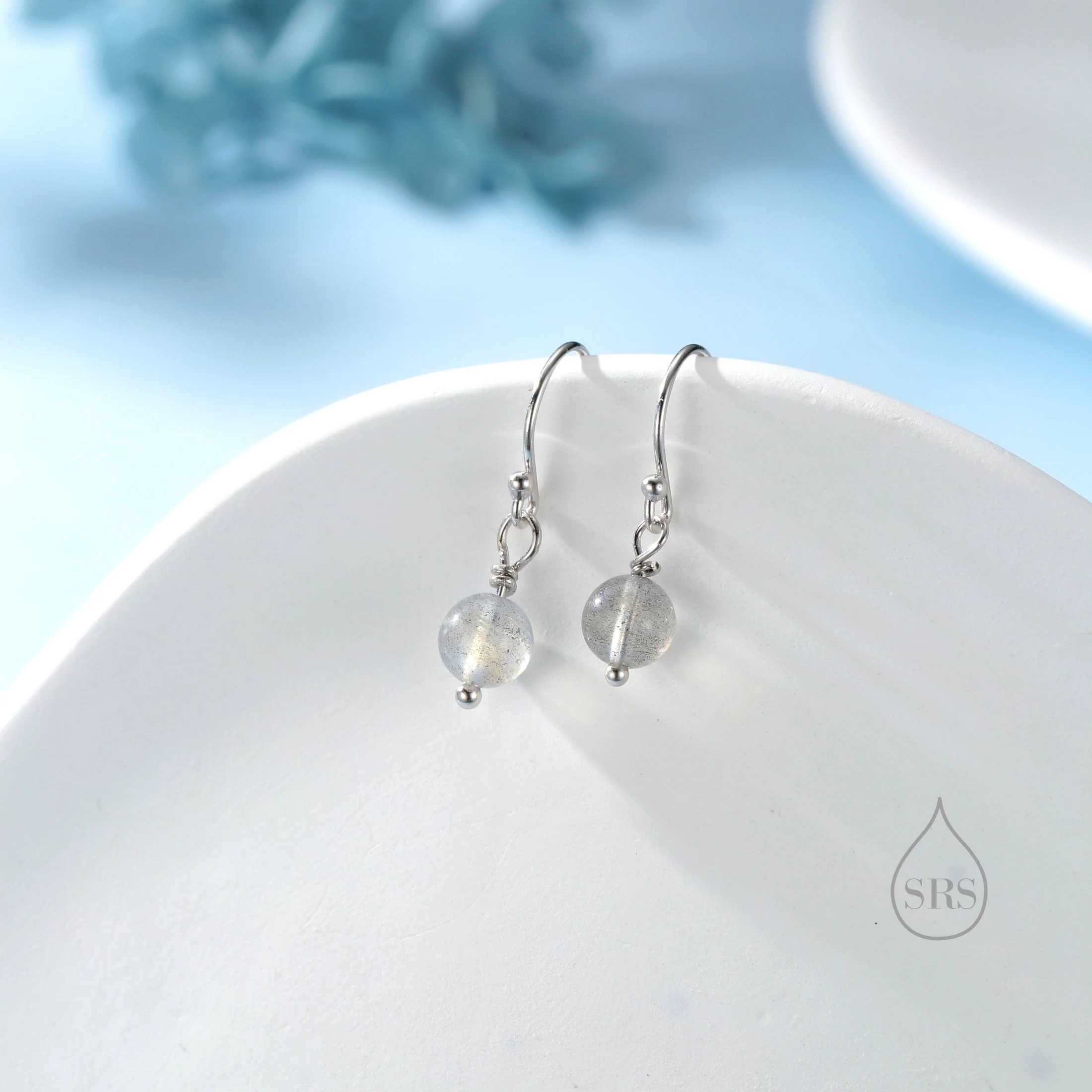 Genuine Labradorite Drop Hook Earrings in Sterling Silver, Silver or Gold, 6mm Labradorite Ball Earrings - Image 8