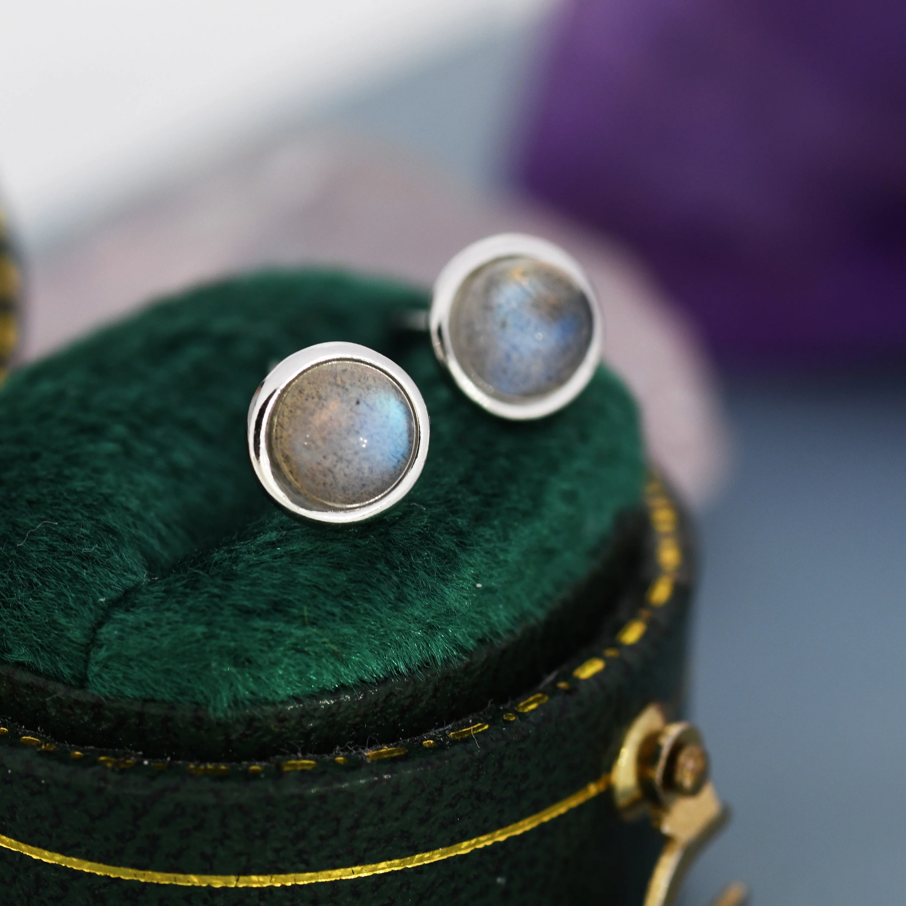 Genuine Labradorite Earrings in Sterling Silver, 4mm or 5mm, Cabochon Bezel Stud Earrings - Image 3
