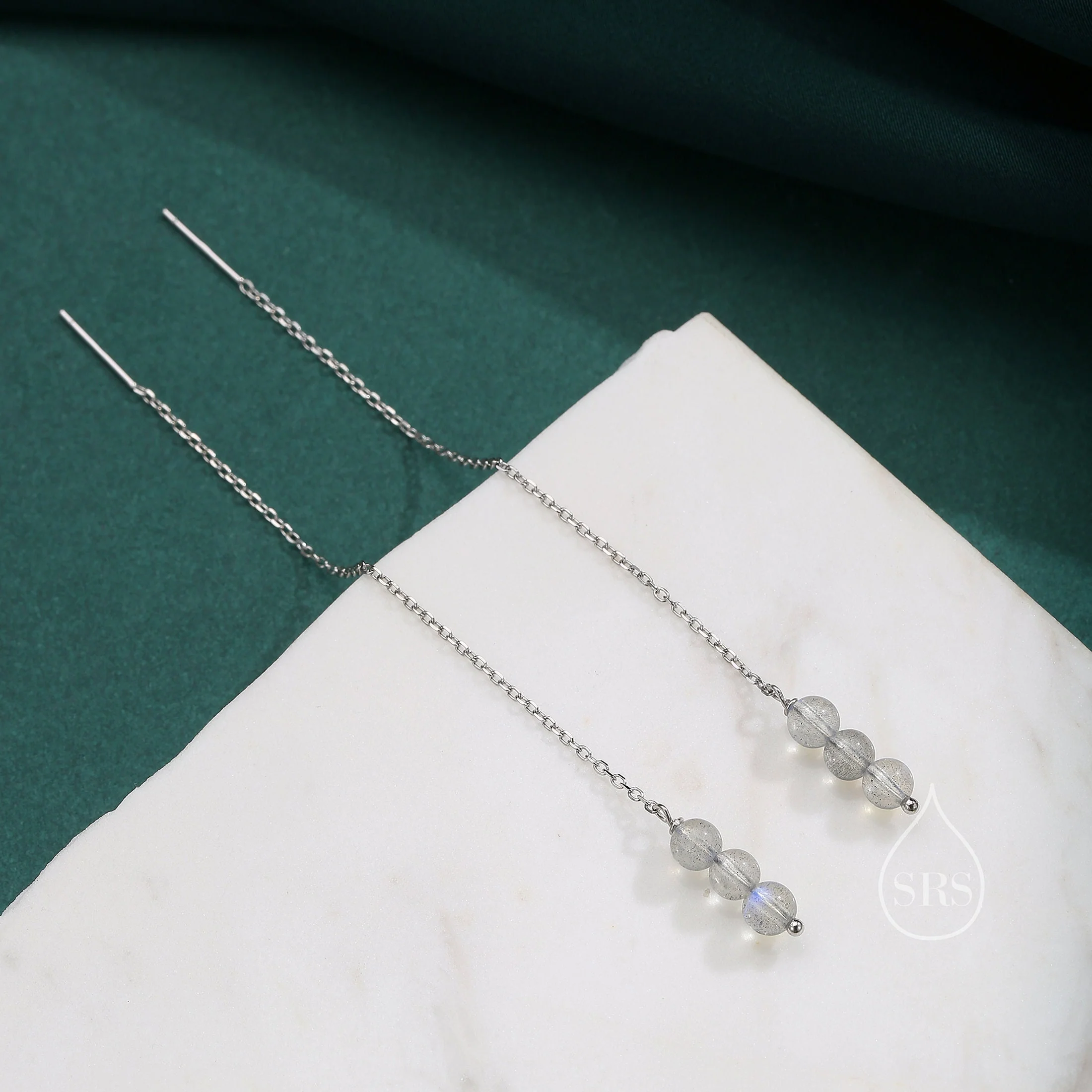 Genuine Labradorite Gemstone Ear Threaders in Sterling Silver, Three Beads Threader Earrings, Ear Jacket, Grey Moonstone Crystal Earrings - Image 4