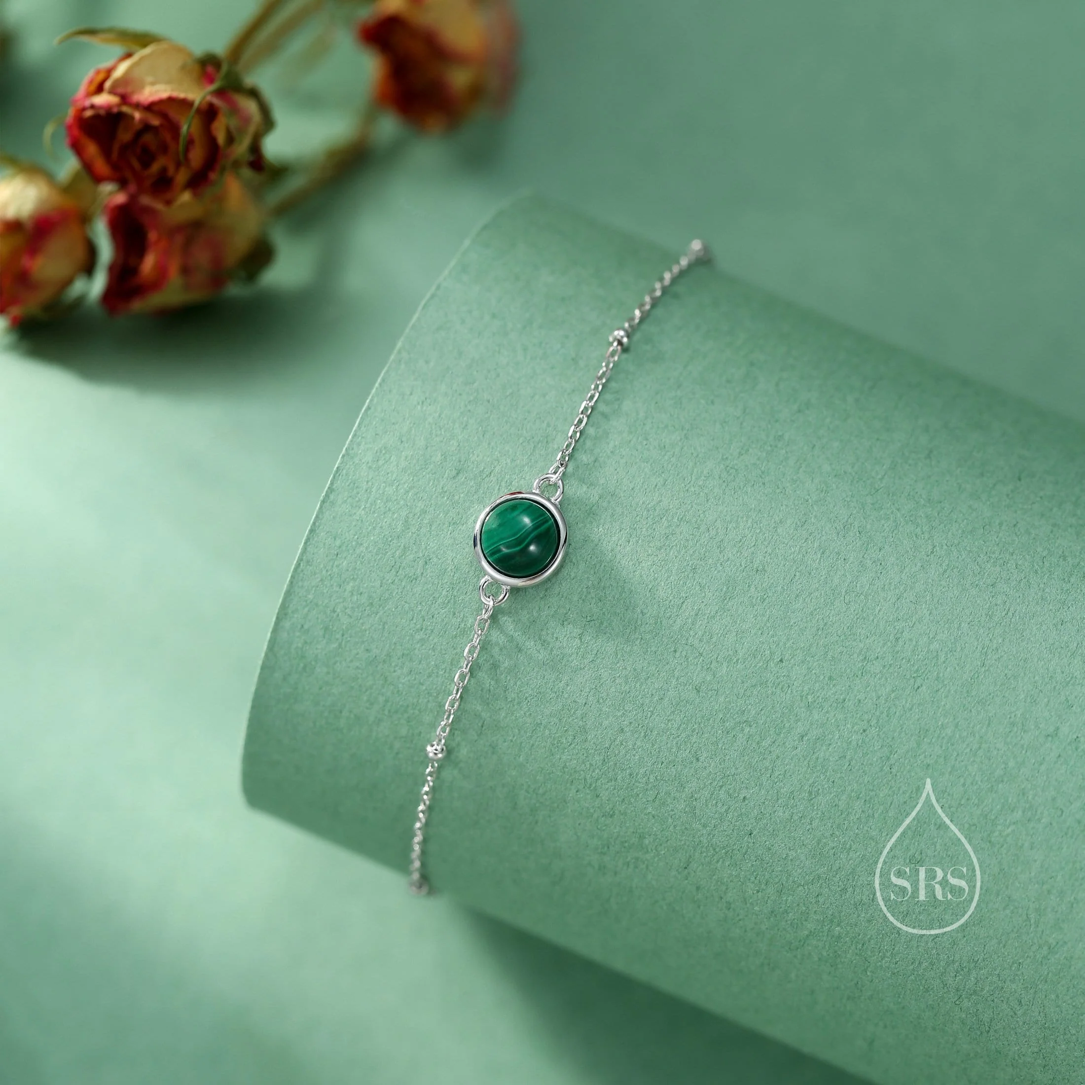 Genuine Malachite Bracelet in Sterling Silver, Natural Malachite Bracelet, Silver Single Malachite Bracelet with Satellite Chain - Image 3