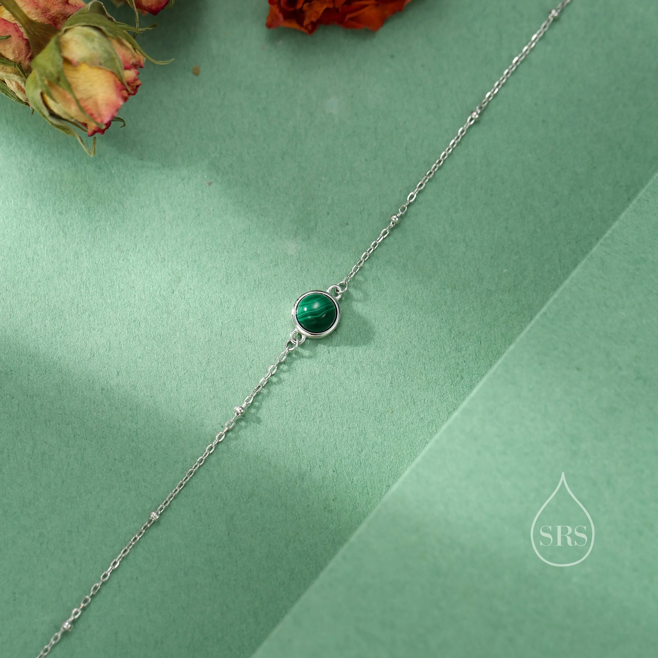 Genuine Malachite Bracelet in Sterling Silver, Natural Malachite Bracelet, Silver Single Malachite Bracelet with Satellite Chain - Image 5