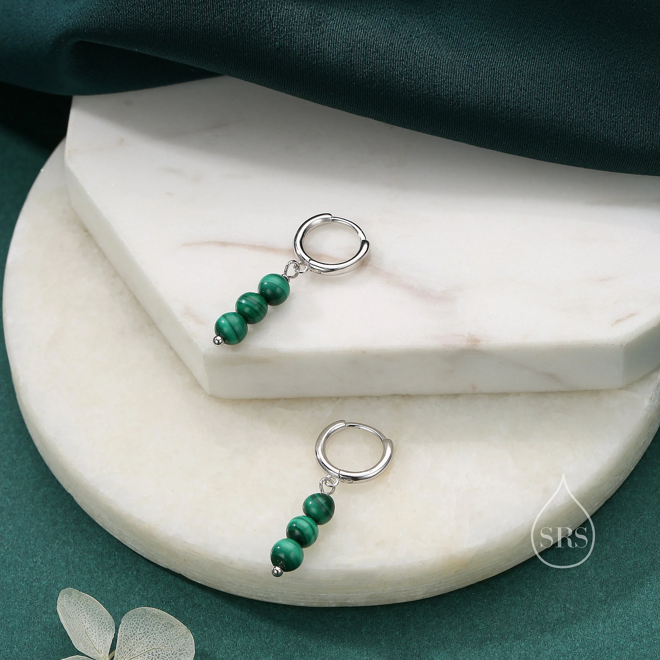 Genuine Malachite Stone Trio Huggie Hoop Earrings in Sterling Silver, Green Malachite Cluster Dangle Earrings, Three Stone Hoops - Image 4