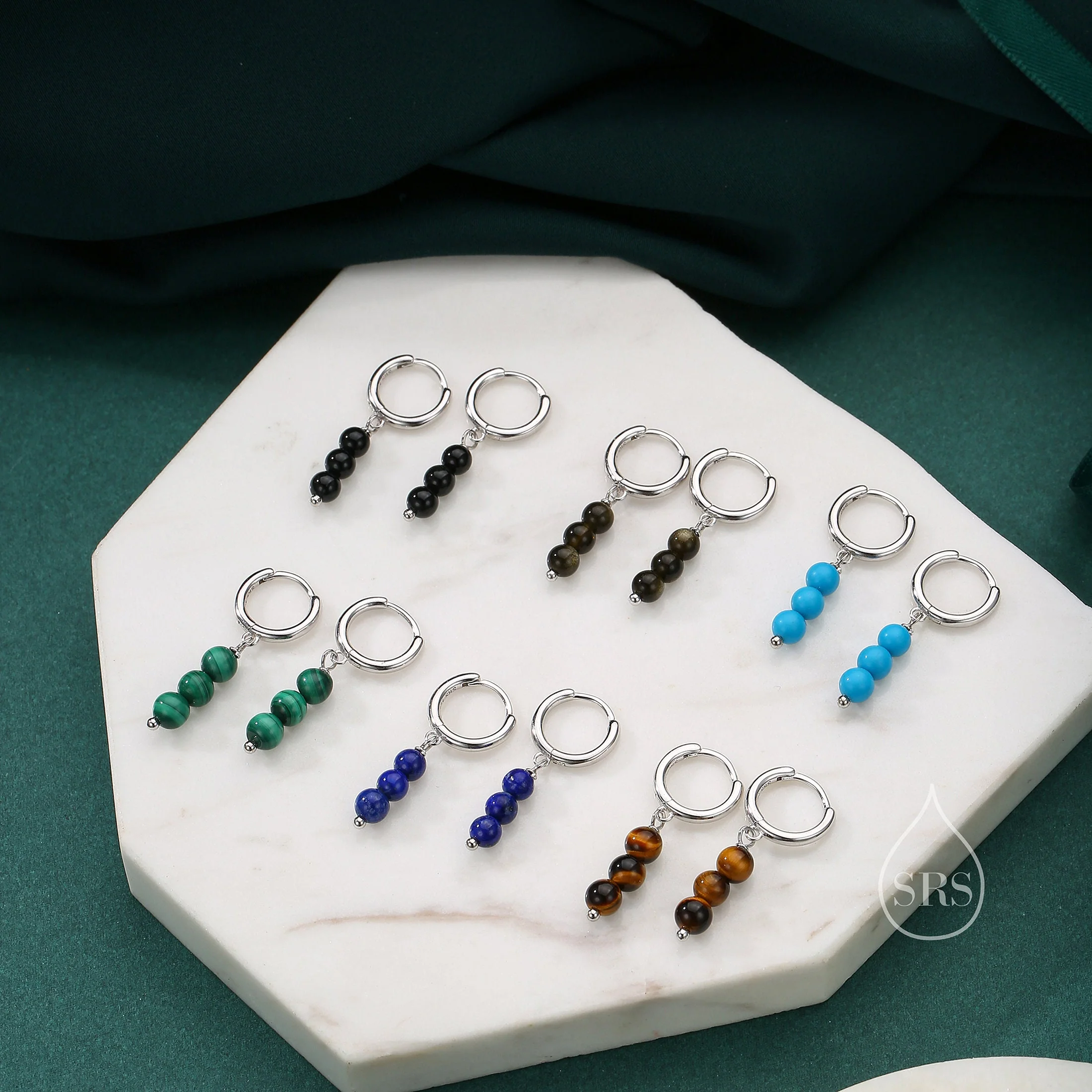 Genuine Malachite Stone Trio Huggie Hoop Earrings in Sterling Silver, Green Malachite Cluster Dangle Earrings, Three Stone Hoops - Image 7