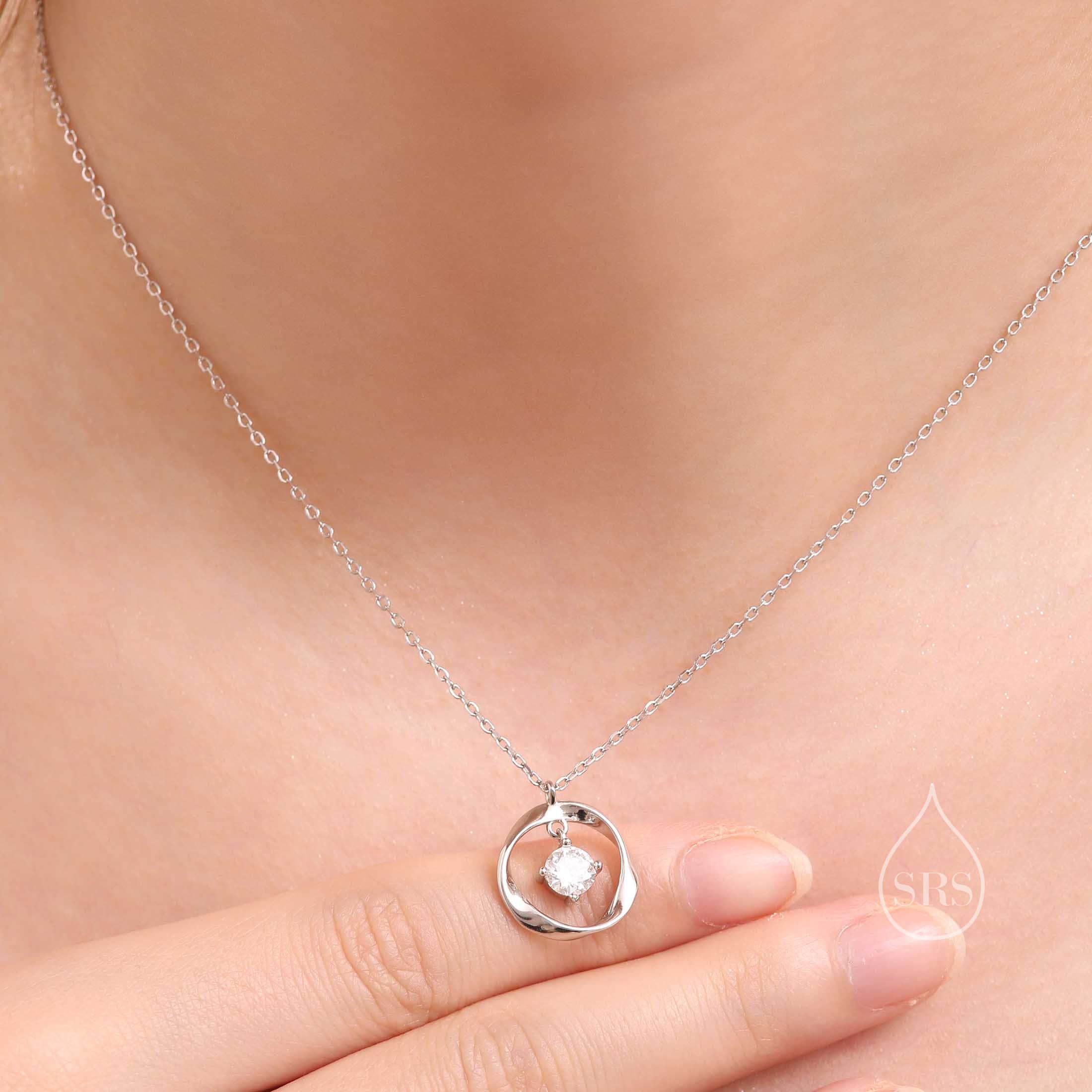 Moissanite and Mobius Circle Pendant Necklace in Sterling Silver, Delicate Moissanite Halo - Image 3