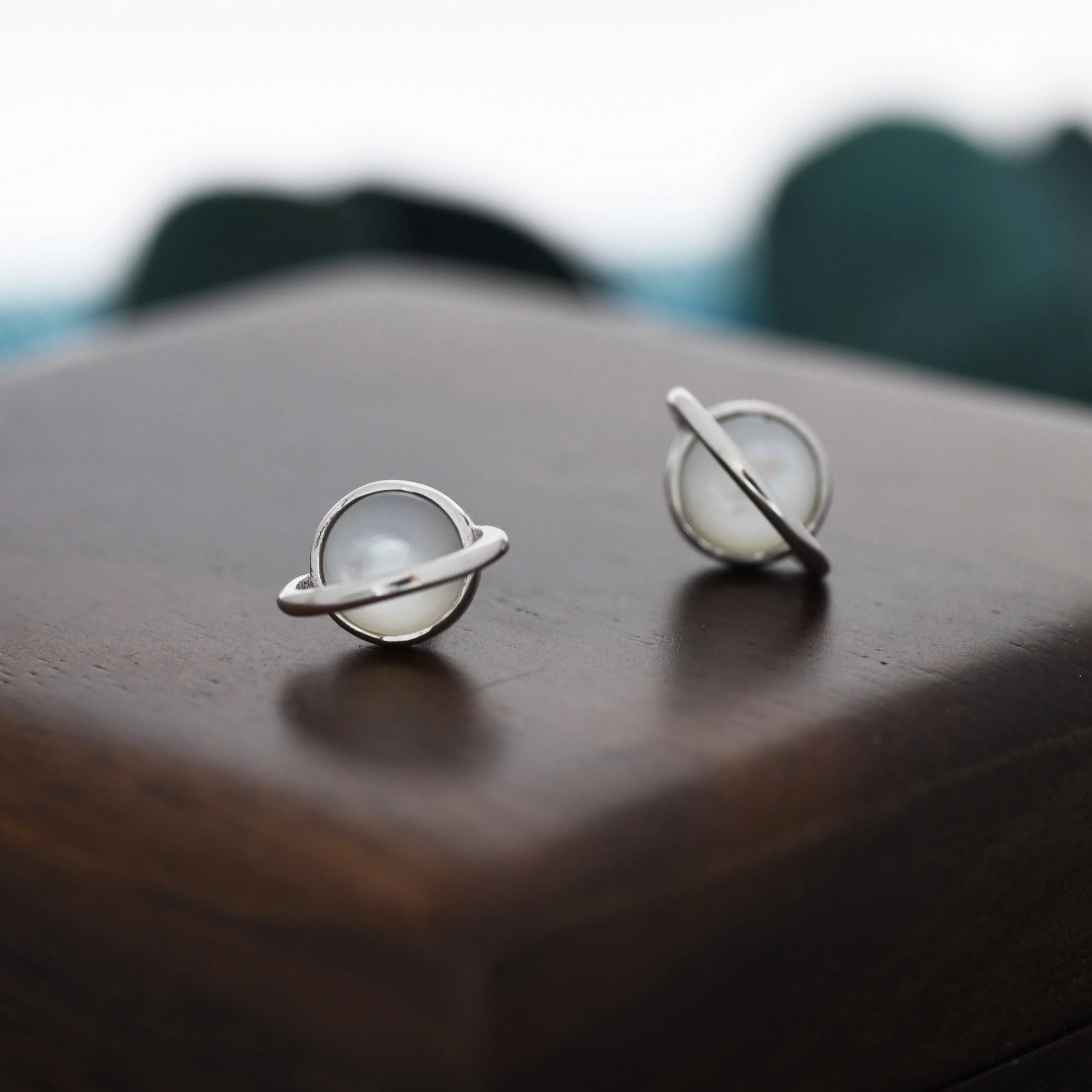 Genuine Mother of Pearl Planet Stud Earrings in Sterling Silver,  Mother of Pearl Planet Earrings, Opal Saturn Earrings - Image 3