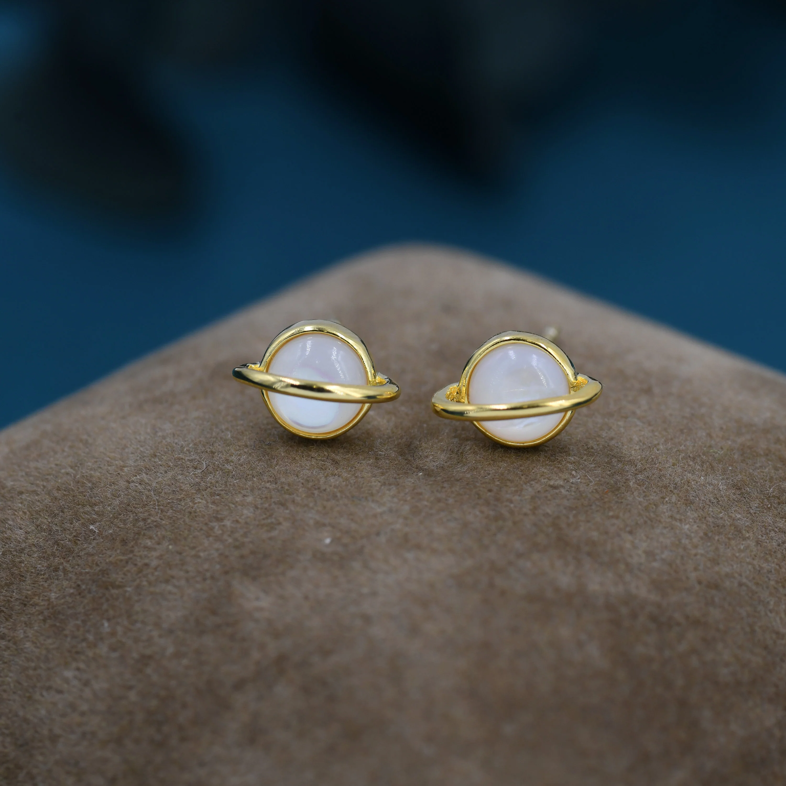 Genuine Mother of Pearl Planet Stud Earrings in Sterling Silver,  Mother of Pearl Planet Earrings, Opal Saturn Earrings - Image 4