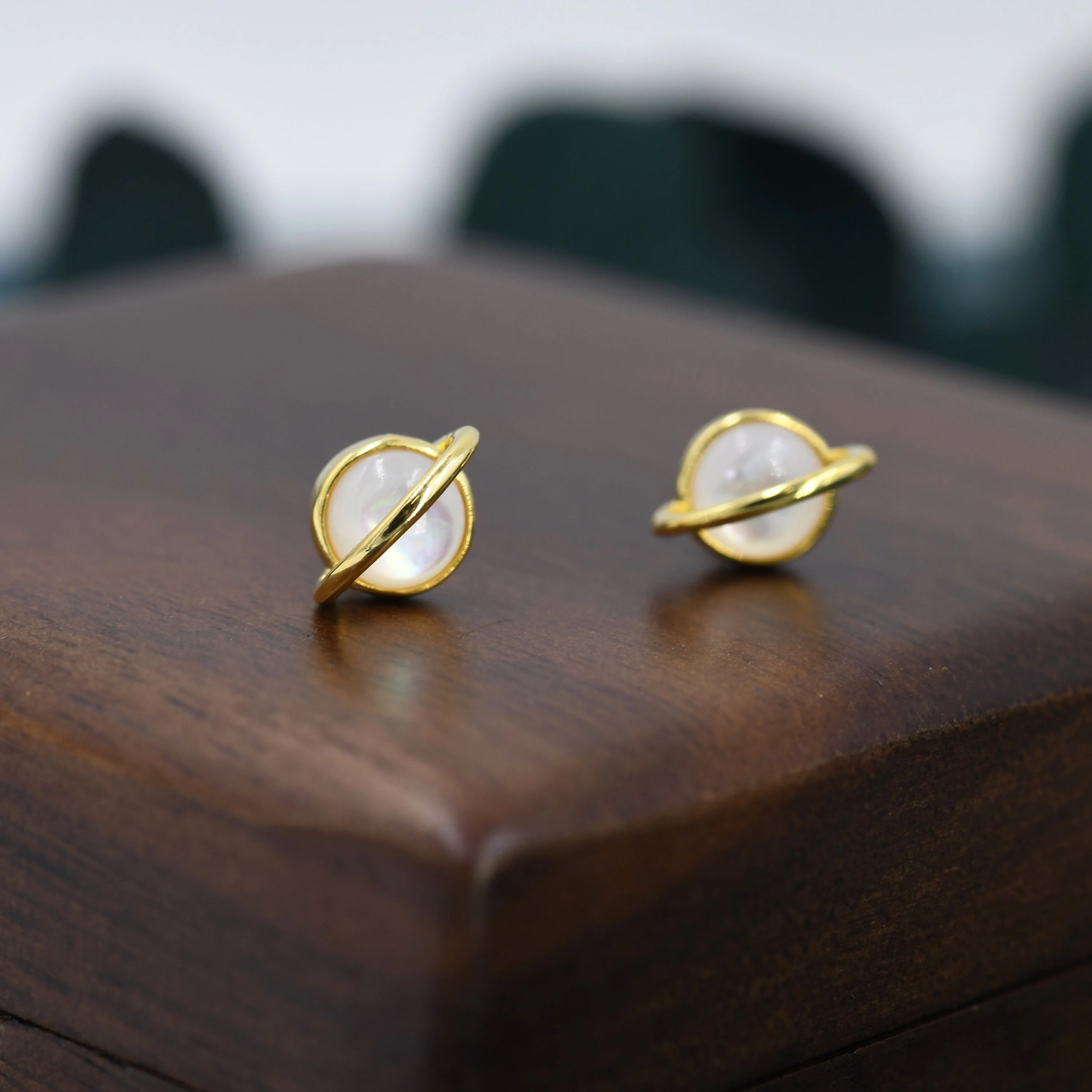 Genuine Mother of Pearl Planet Stud Earrings in Sterling Silver,  Mother of Pearl Planet Earrings, Opal Saturn Earrings - Image 5