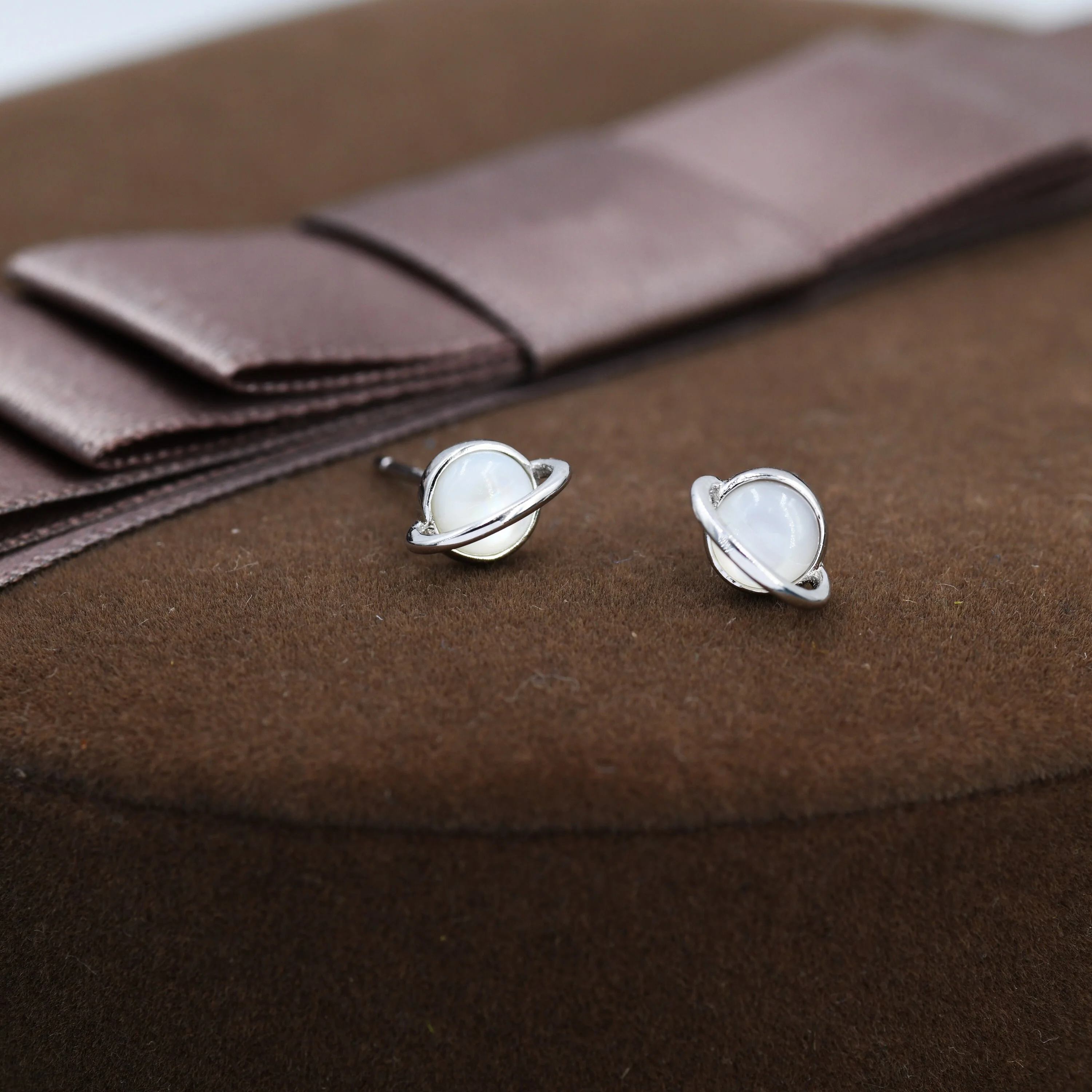 Genuine Mother of Pearl Planet Stud Earrings in Sterling Silver,  Mother of Pearl Planet Earrings, Opal Saturn Earrings - Image 6