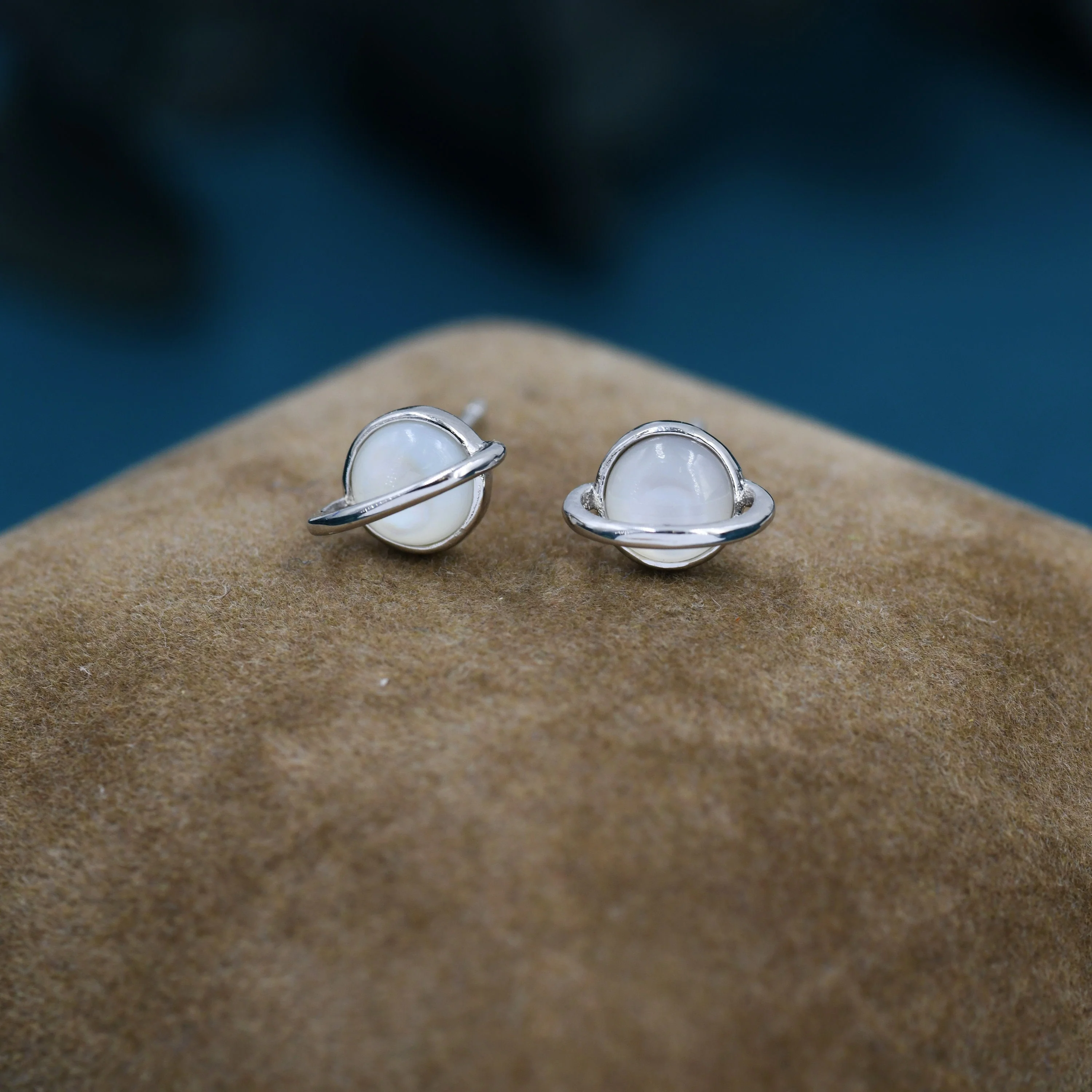 Genuine Mother of Pearl Planet Stud Earrings in Sterling Silver,  Mother of Pearl Planet Earrings, Opal Saturn Earrings - Image 7
