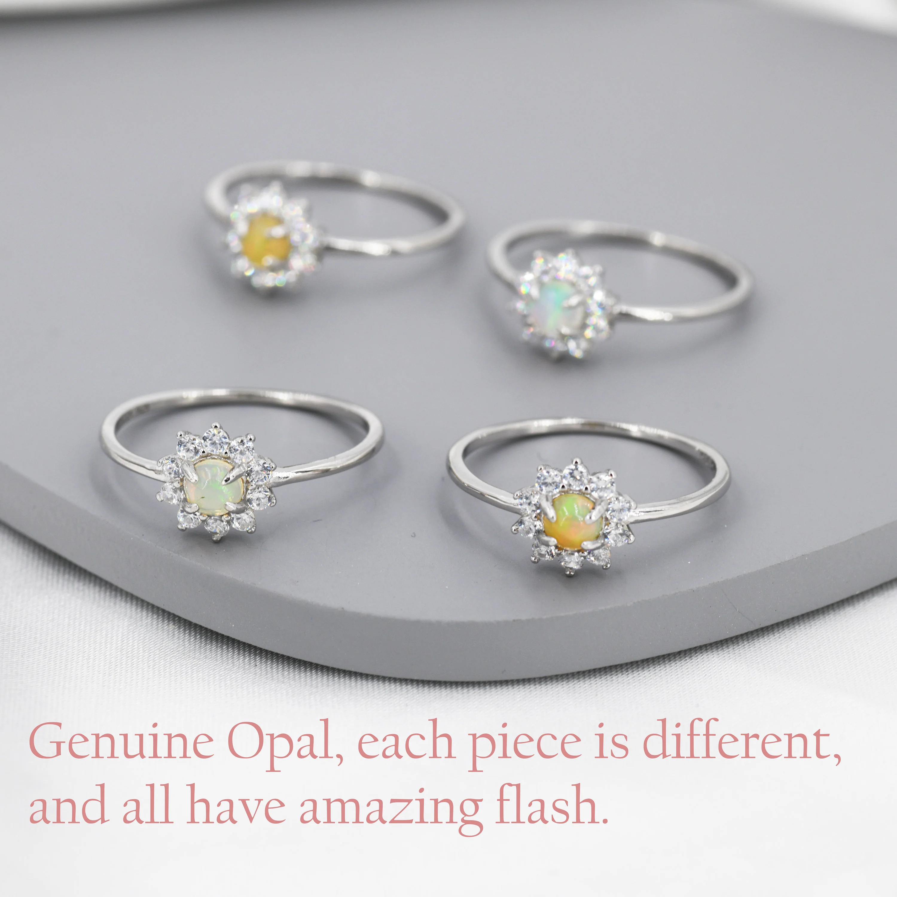 Genuine Opal Halo Ring in Sterling Silver, US 5 - 8, Natural Opal Stone Ring, Ethiopian Opal, Opal Flower Ring - Image 3