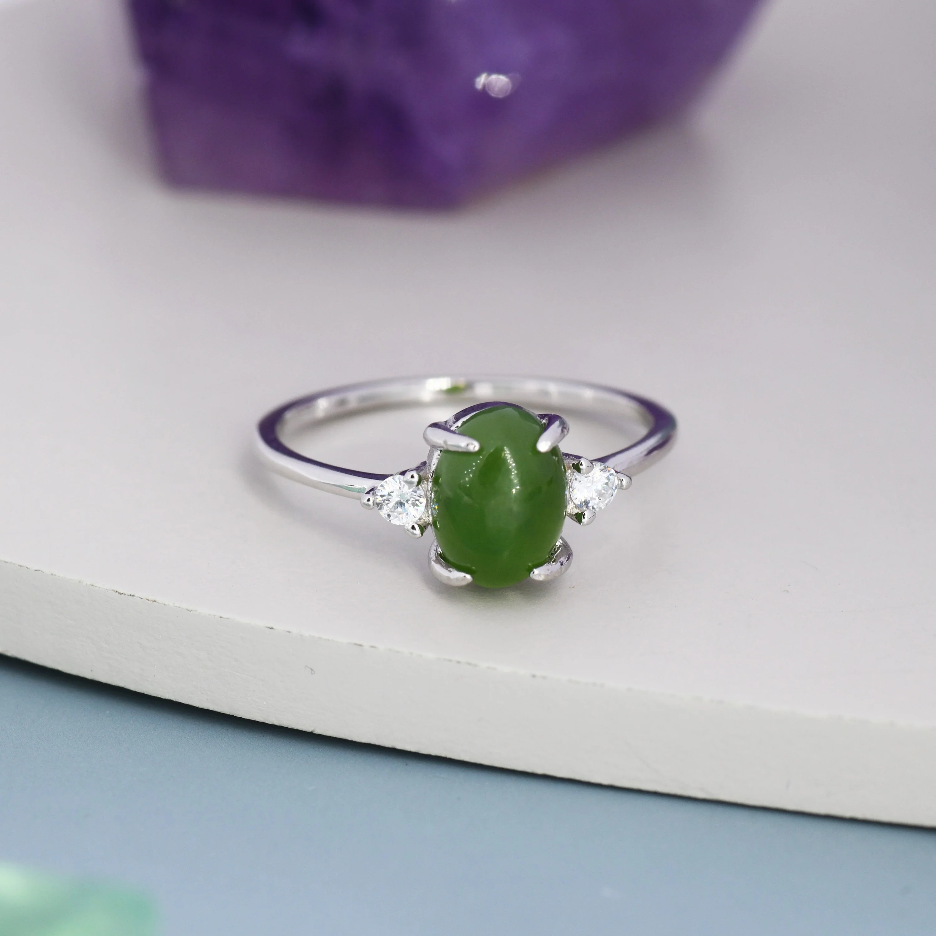 Genuine Oval Jade Stone Halo Ring in Sterling Silver, US 5 - 8, Natural Oval Jade Gemstone Ring, Crystal Flower Ring - Image 6