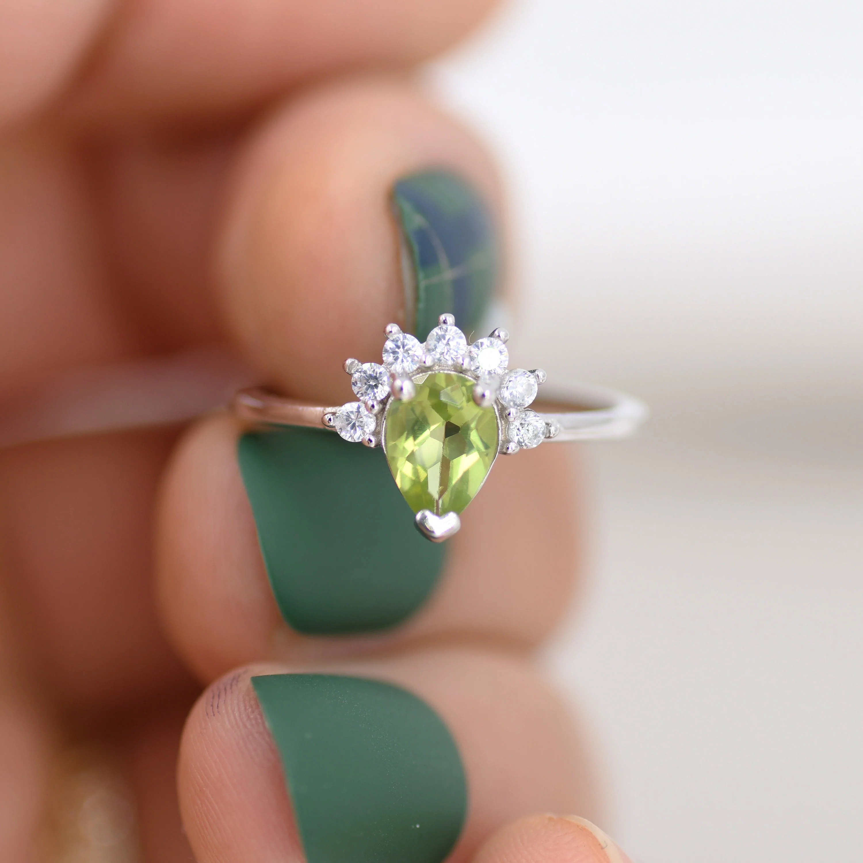 Genuine Pear Cut Peridot Crown Ring in Sterling Silver, Natural Peridot Crystal Ring, Vintage Inspired Design, US 5 - 8 - Image 3