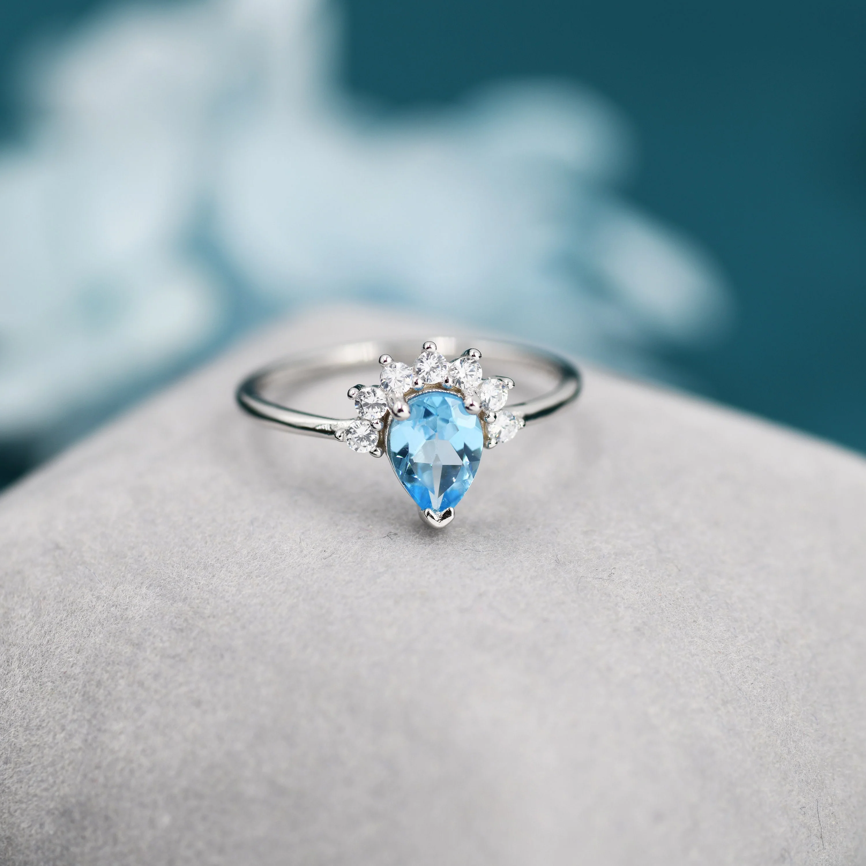 Genuine Pear Cut Swiss Blue Topaz Crown Ring in Sterling Silver, Natural Blue Topaz Crystal Ring, Vintage Inspired Design, US 5 - 8 - Image 3