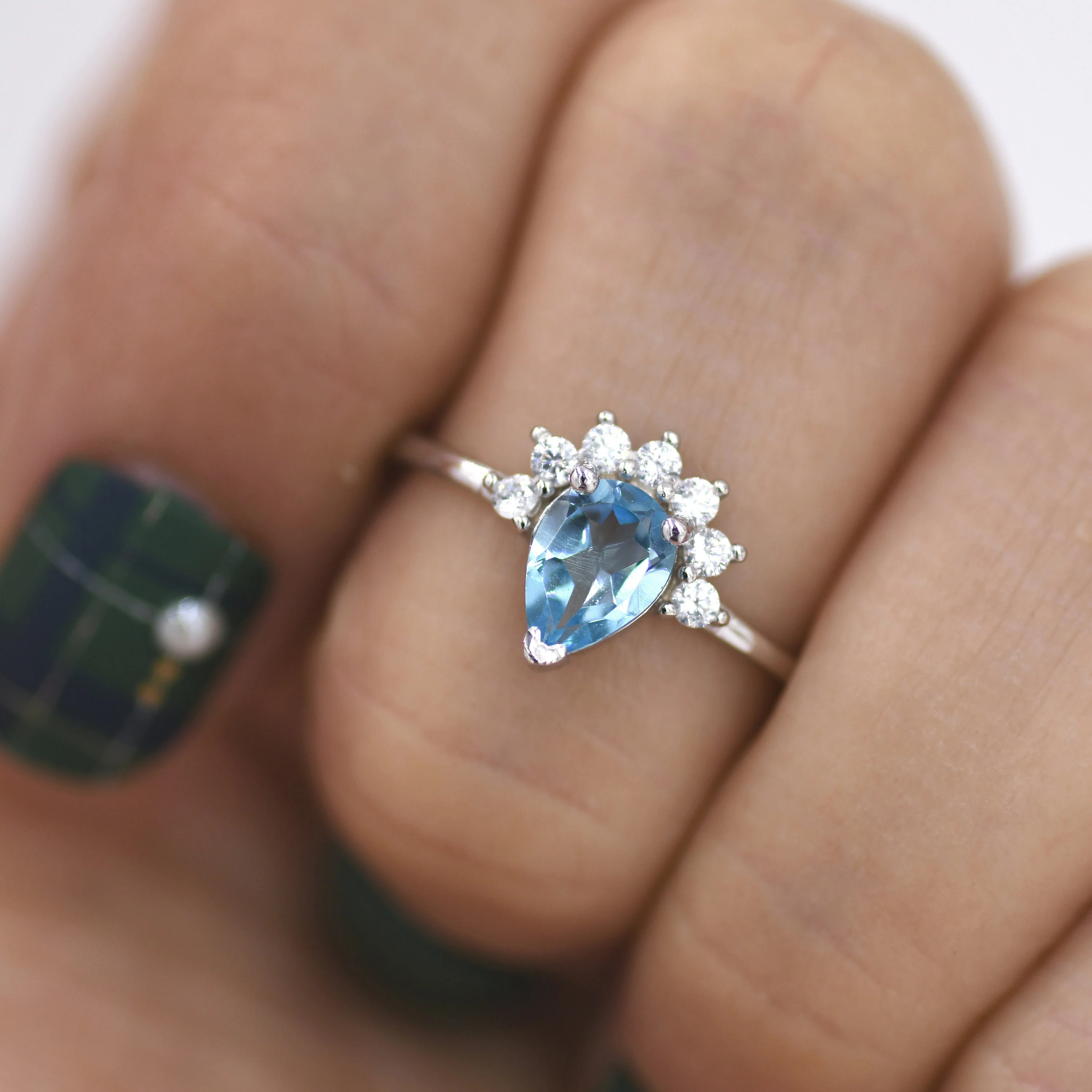 Genuine Pear Cut Swiss Blue Topaz Crown Ring in Sterling Silver, Natural Blue Topaz Crystal Ring, Vintage Inspired Design, US 5 - 8 - Image 4