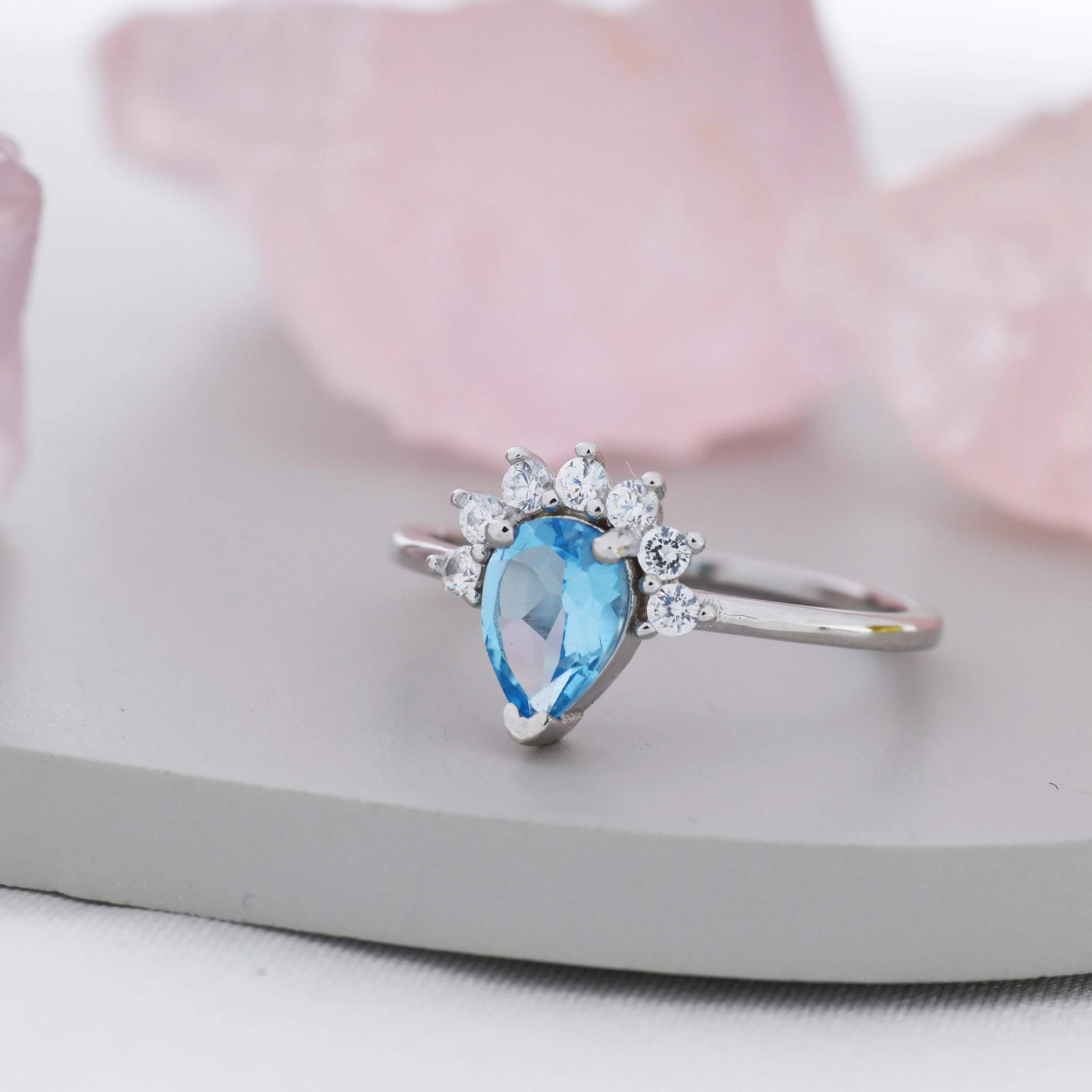 Genuine Pear Cut Swiss Blue Topaz Crown Ring in Sterling Silver, Natural Blue Topaz Crystal Ring, Vintage Inspired Design, US 5 - 8 - Image 5