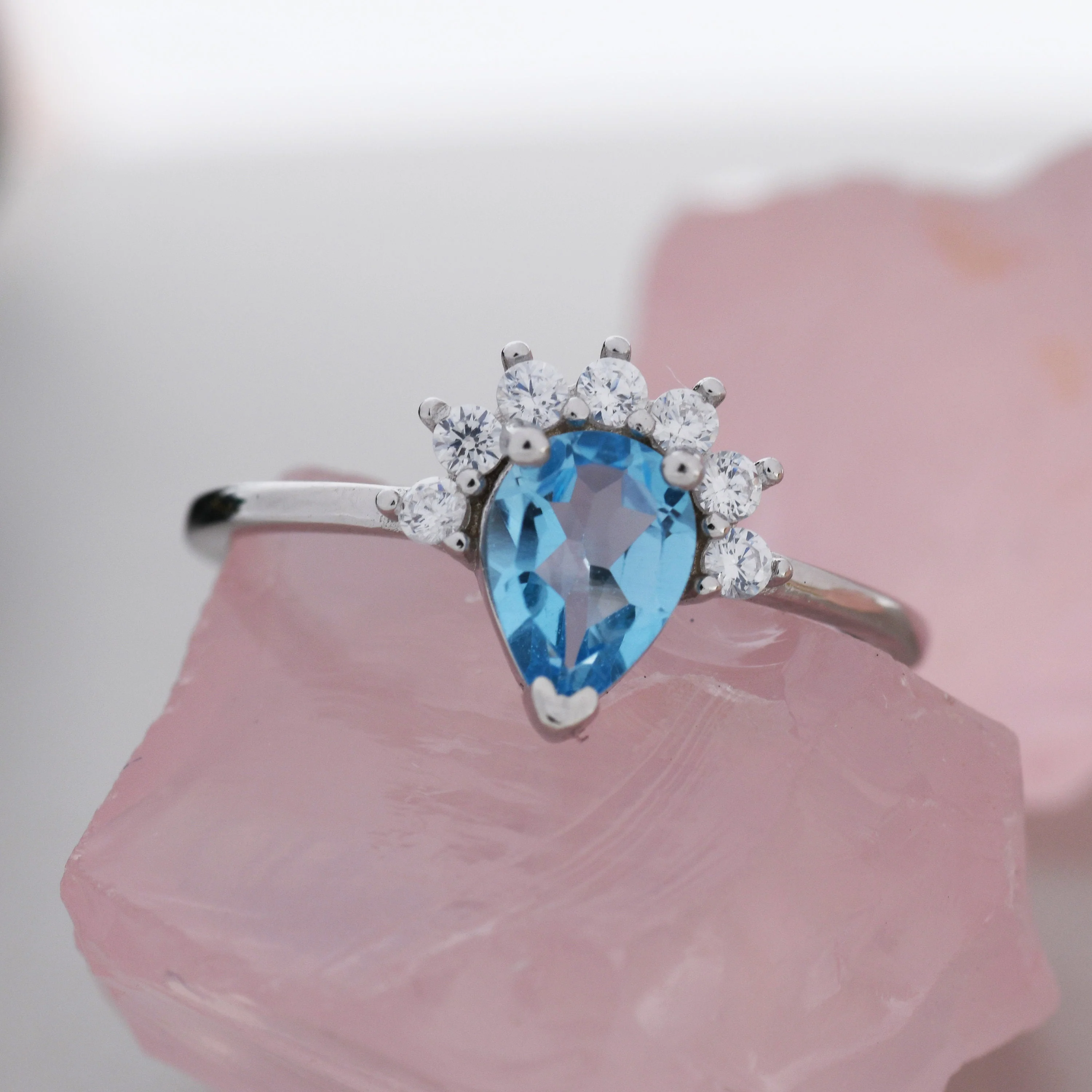 Genuine Pear Cut Swiss Blue Topaz Crown Ring in Sterling Silver, Natural Blue Topaz Crystal Ring, Vintage Inspired Design, US 5 - 8 - Image 7