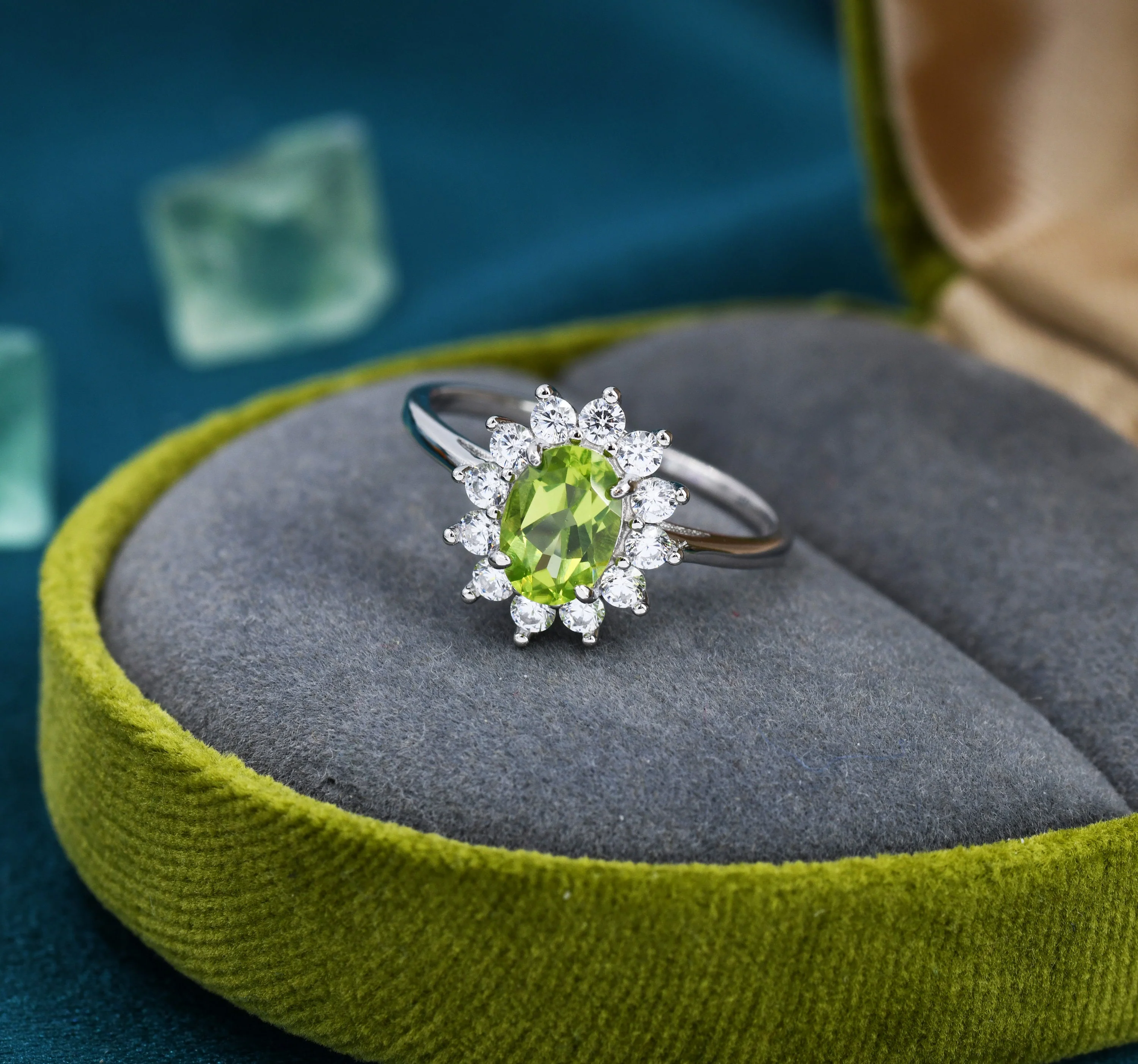 Genuine Peridot and CZ Halo Ring in Sterling Silver, Natural Peridot Stone Ring, Stacking Rings, US 5-8 - Image 2
