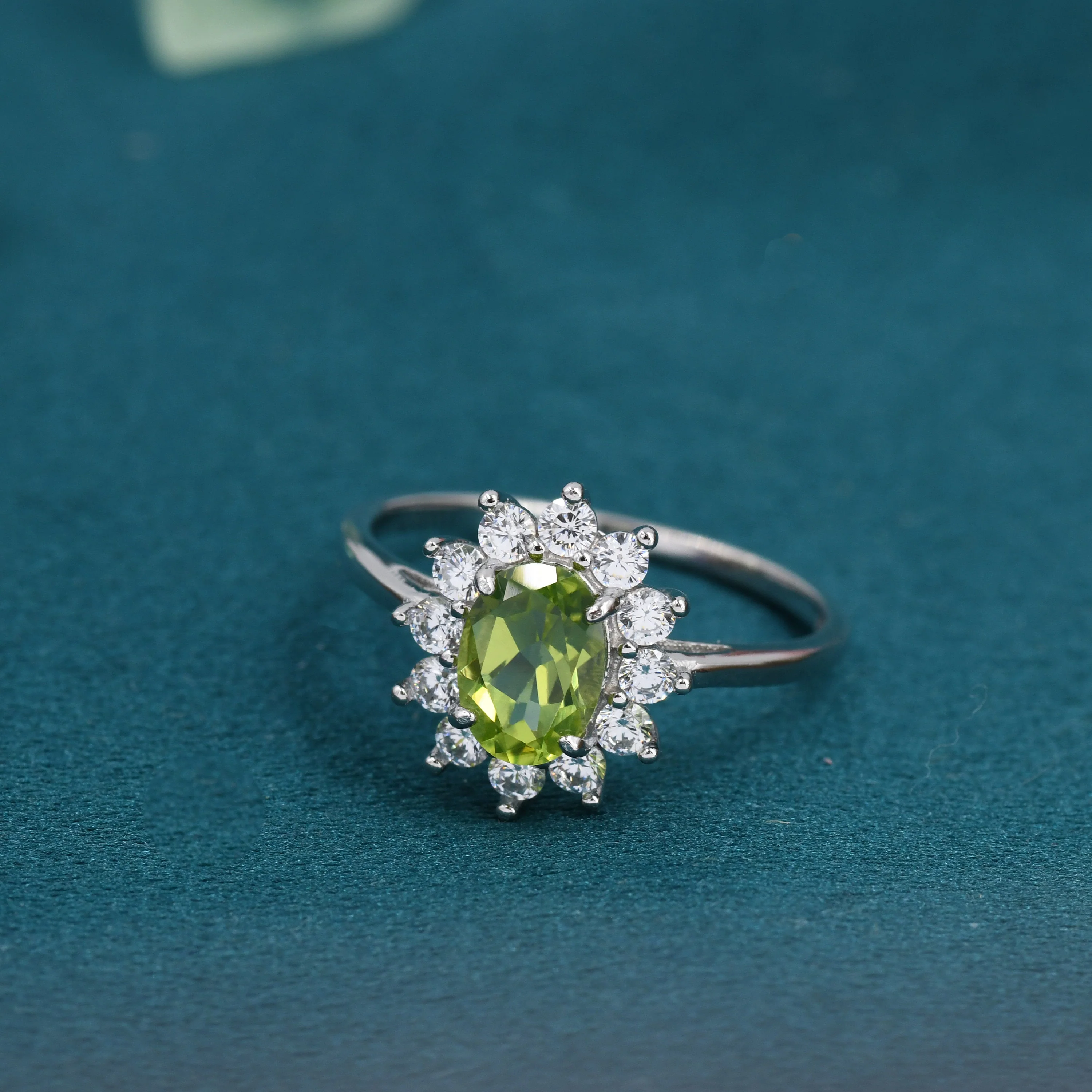 Genuine Peridot and CZ Halo Ring in Sterling Silver, Natural Peridot Stone Ring, Stacking Rings, US 5-8 - Image 3