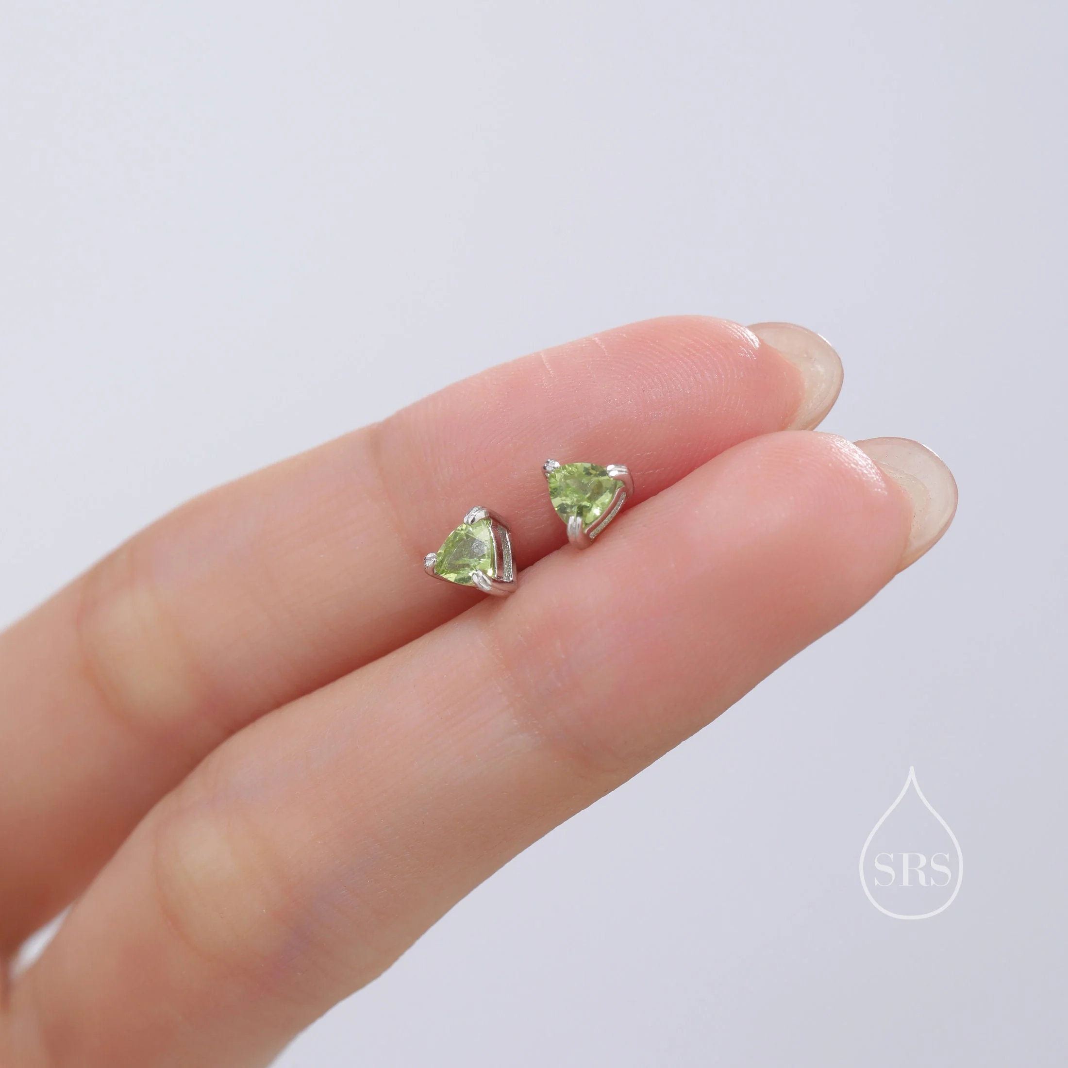 Genuine Peridot Stud Earrings in Sterling Silver, Silver or Gold, Trillion Cut Natural Green Peridot Earrings, Double Pronged - Image 7
