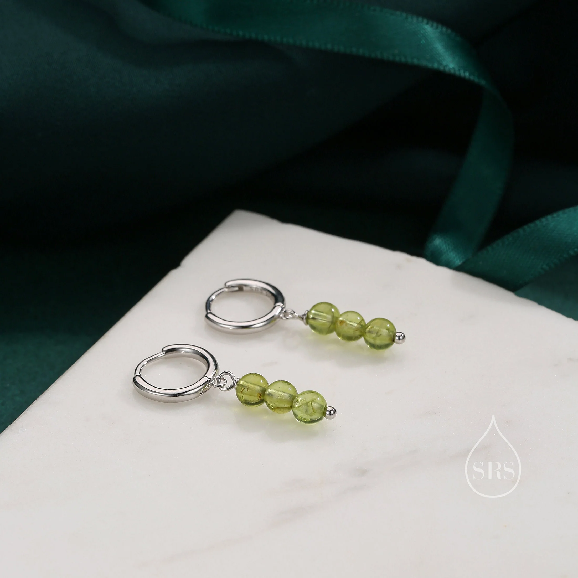 Genuine Peridot Trio Huggie Hoop Earrings in Sterling Silver, Peridot Crystal Cluster Dangle Earrings, Three Stone Hoops - Image 3