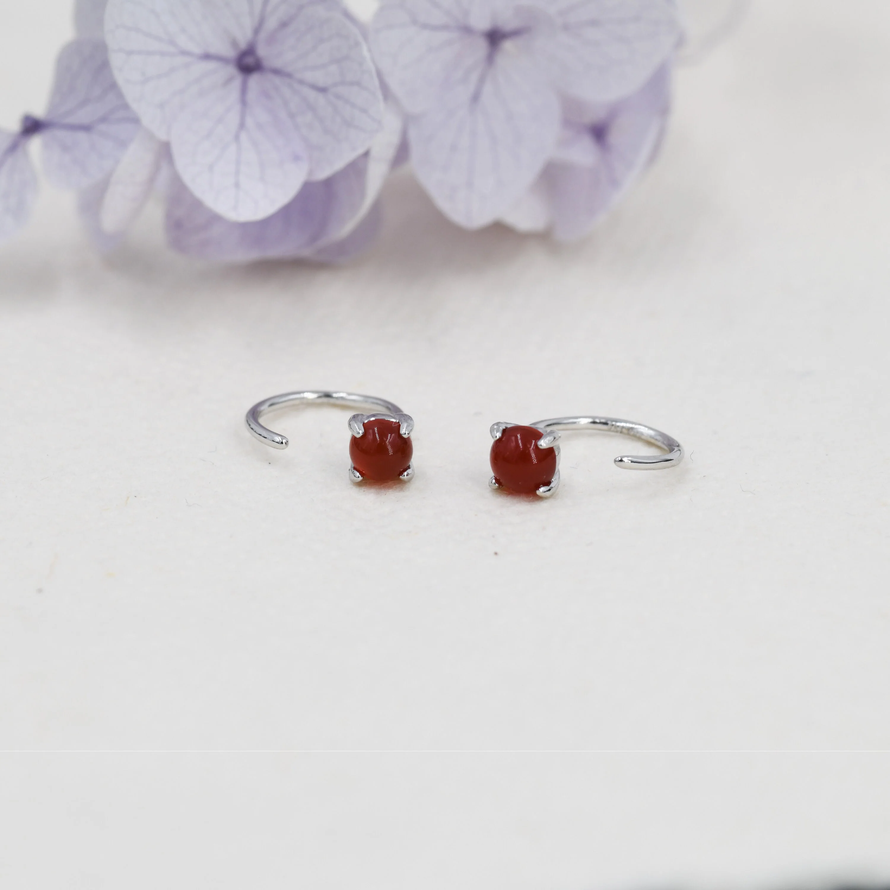 Genuine Red Carnelian Huggie Hoop Earrings in Sterling Silver, 3mm Natural Red Onyx Open Hoops, Pull Through Threaders, Half Hoops, C Shape - Image 2
