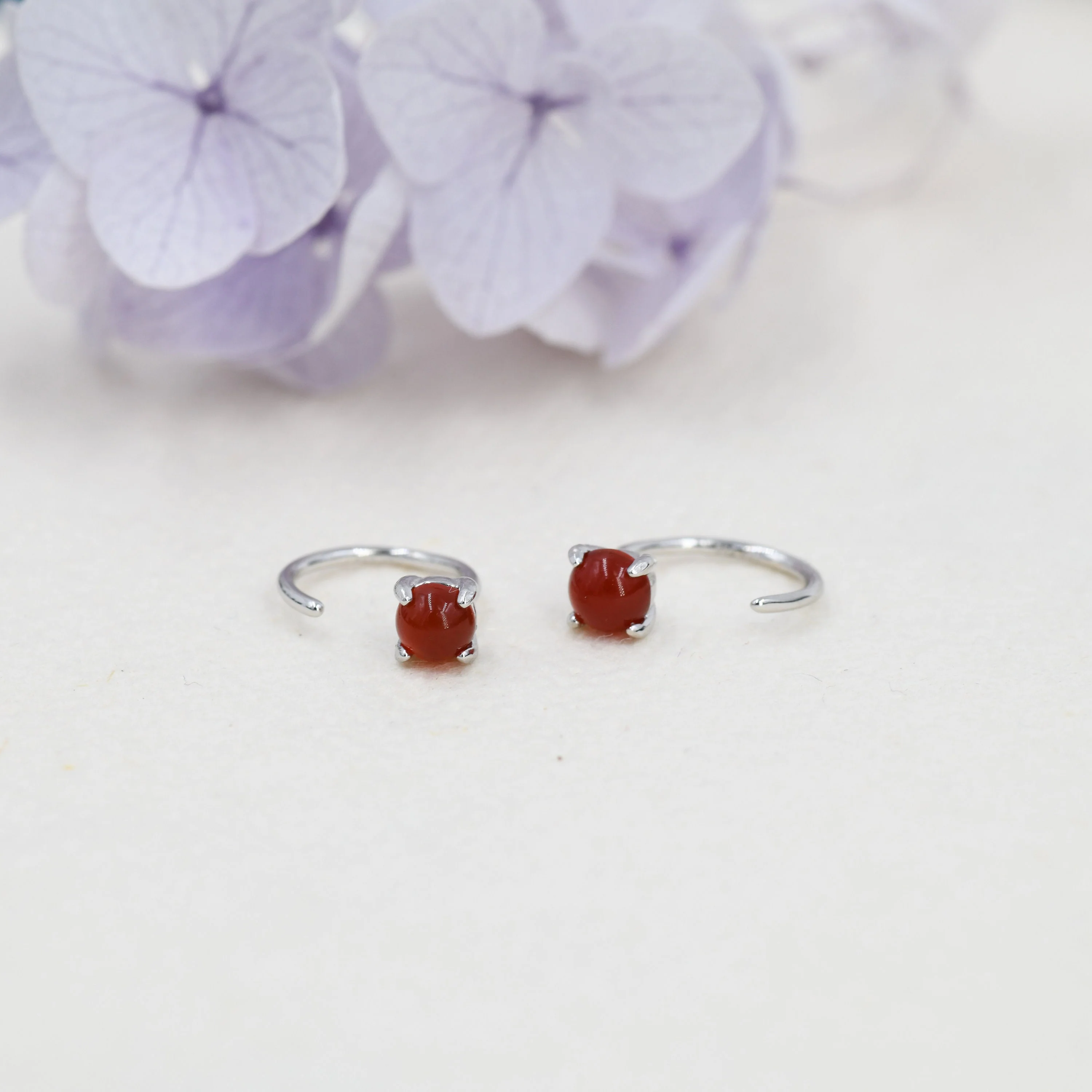 Genuine Red Carnelian Huggie Hoop Earrings in Sterling Silver, 3mm Natural Red Onyx Open Hoops, Pull Through Threaders, Half Hoops, C Shape - Image 3