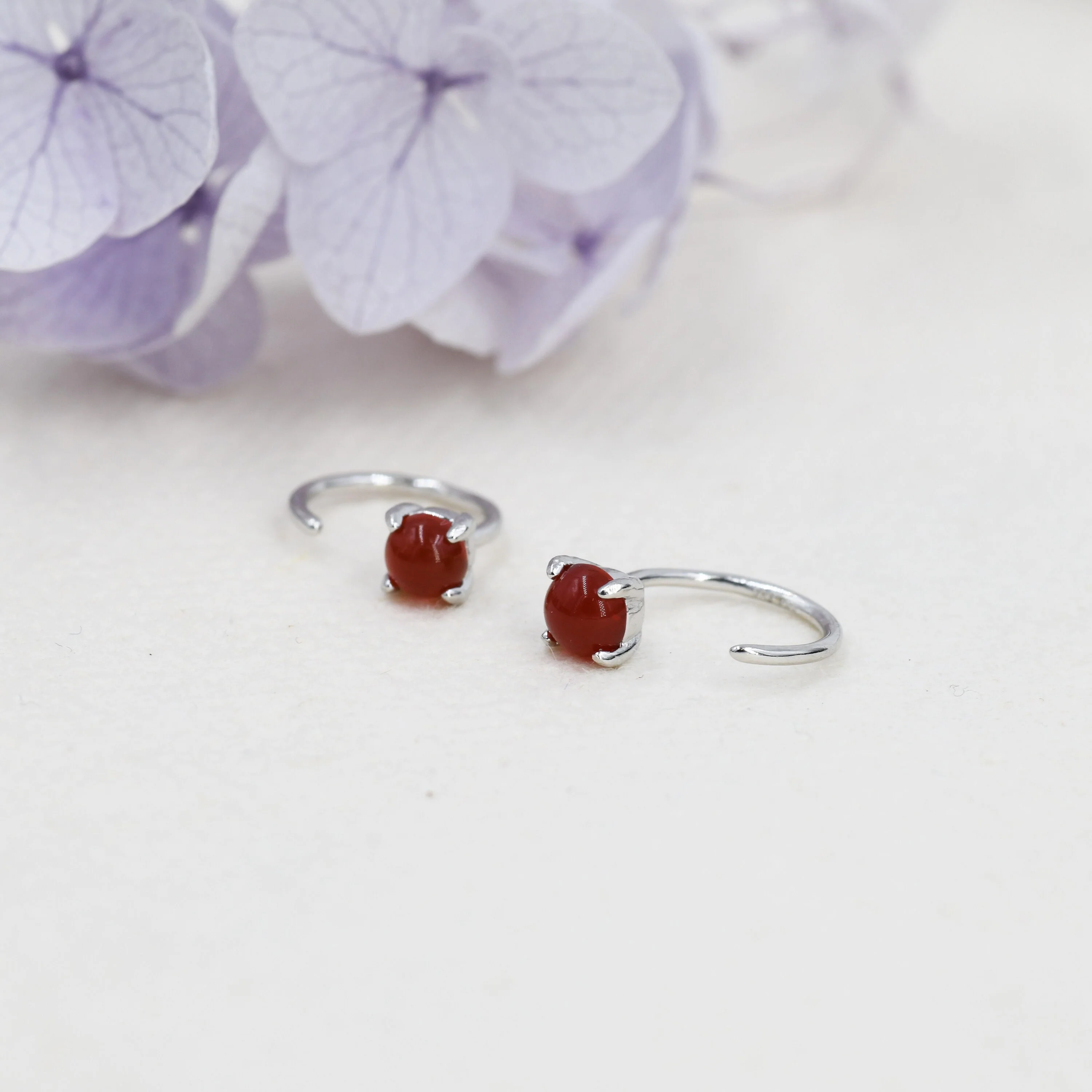 Genuine Red Carnelian Huggie Hoop Earrings in Sterling Silver, 3mm Natural Red Onyx Open Hoops, Pull Through Threaders, Half Hoops, C Shape - Image 4